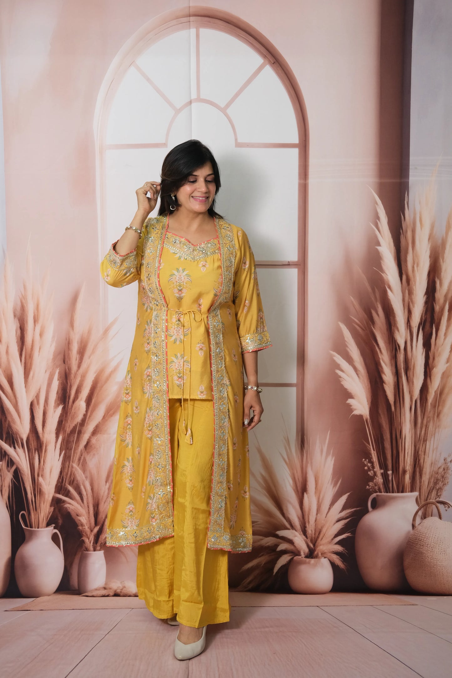 Mustard Mul Chanderi Spaghetti Top Plazo with Shrug