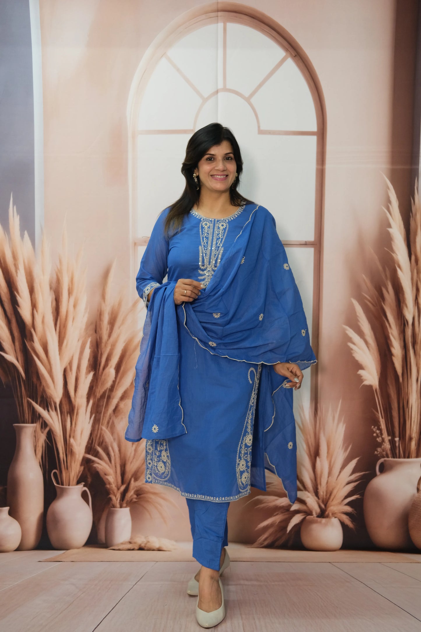 Sapphire Blue Mul Chanderi Kurta Dupatta Set with Thread Embroidery