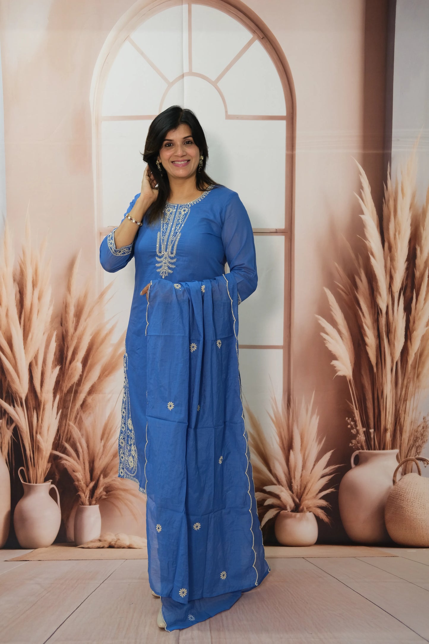 Sapphire Blue Mul Chanderi Kurta Dupatta Set with Thread Embroidery