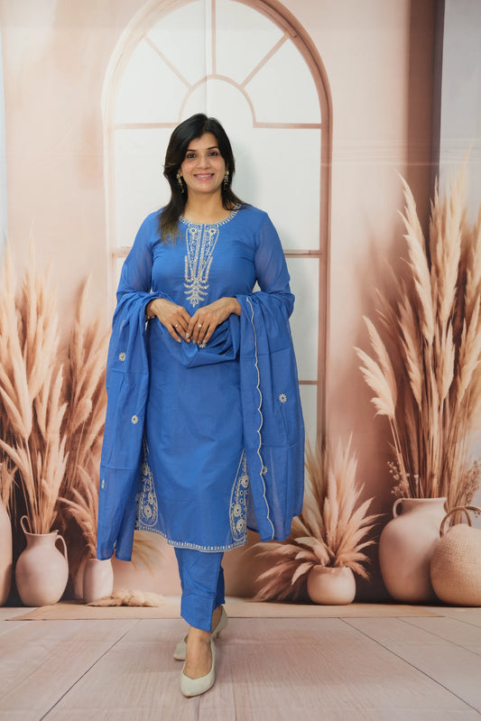 Sapphire Blue Mul Chanderi Kurta Dupatta Set with Thread Embroidery
