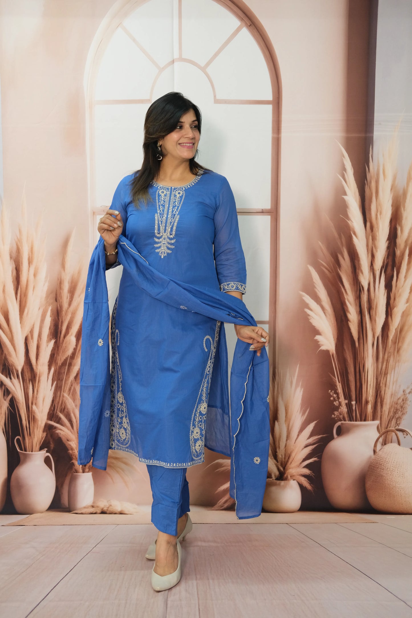 Sapphire Blue Mul Chanderi Kurta Dupatta Set with Thread Embroidery