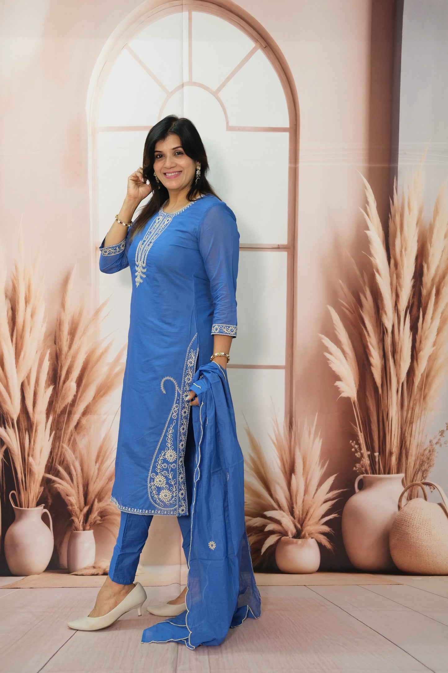 Sapphire Blue Mul Chanderi Kurta Dupatta Set with Thread Embroidery