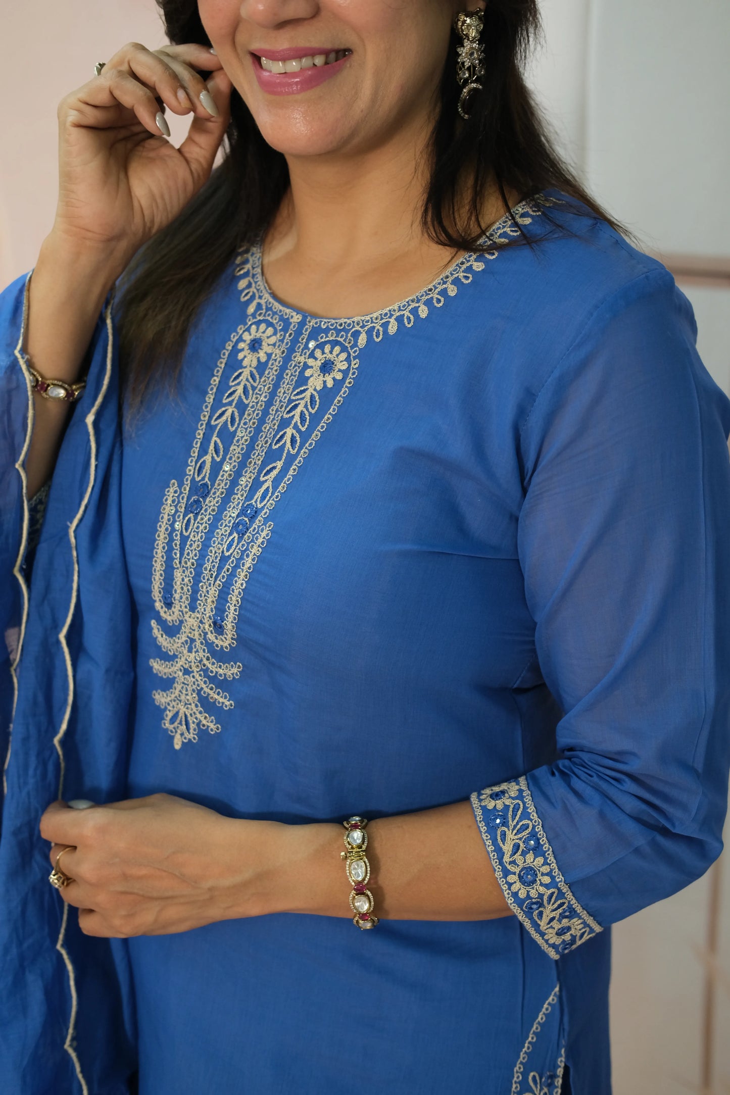Sapphire Blue Mul Chanderi Kurta Dupatta Set with Thread Embroidery