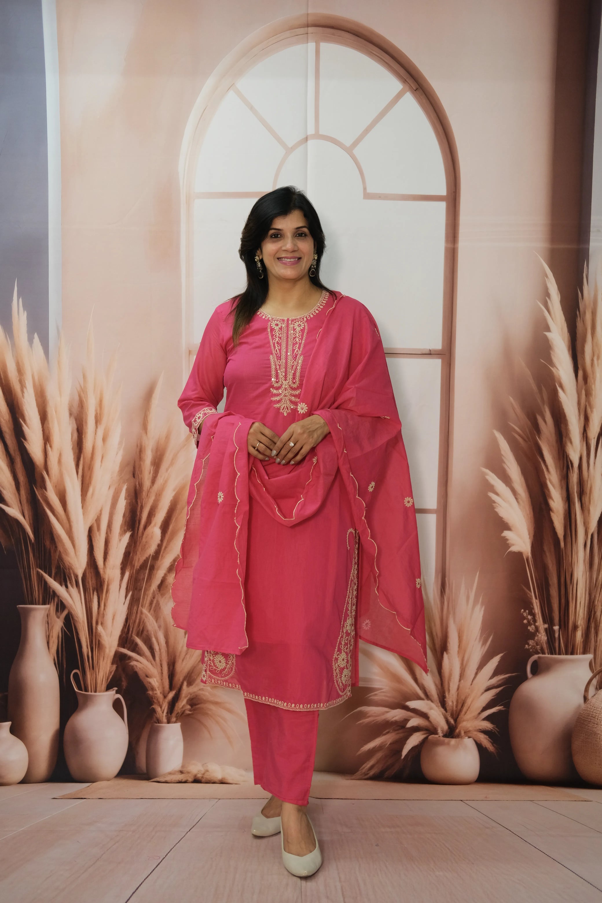 Barbie Pink Mul Chanderi Kurta Dupatta Set with Thread Embroidery