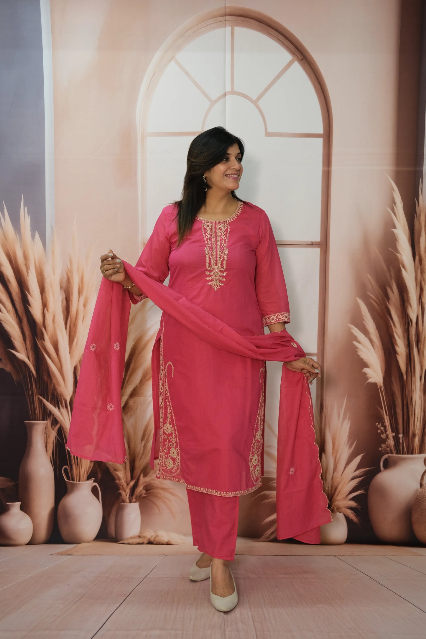 Barbie Pink Mul Chanderi Kurta Dupatta Set with Thread Embroidery