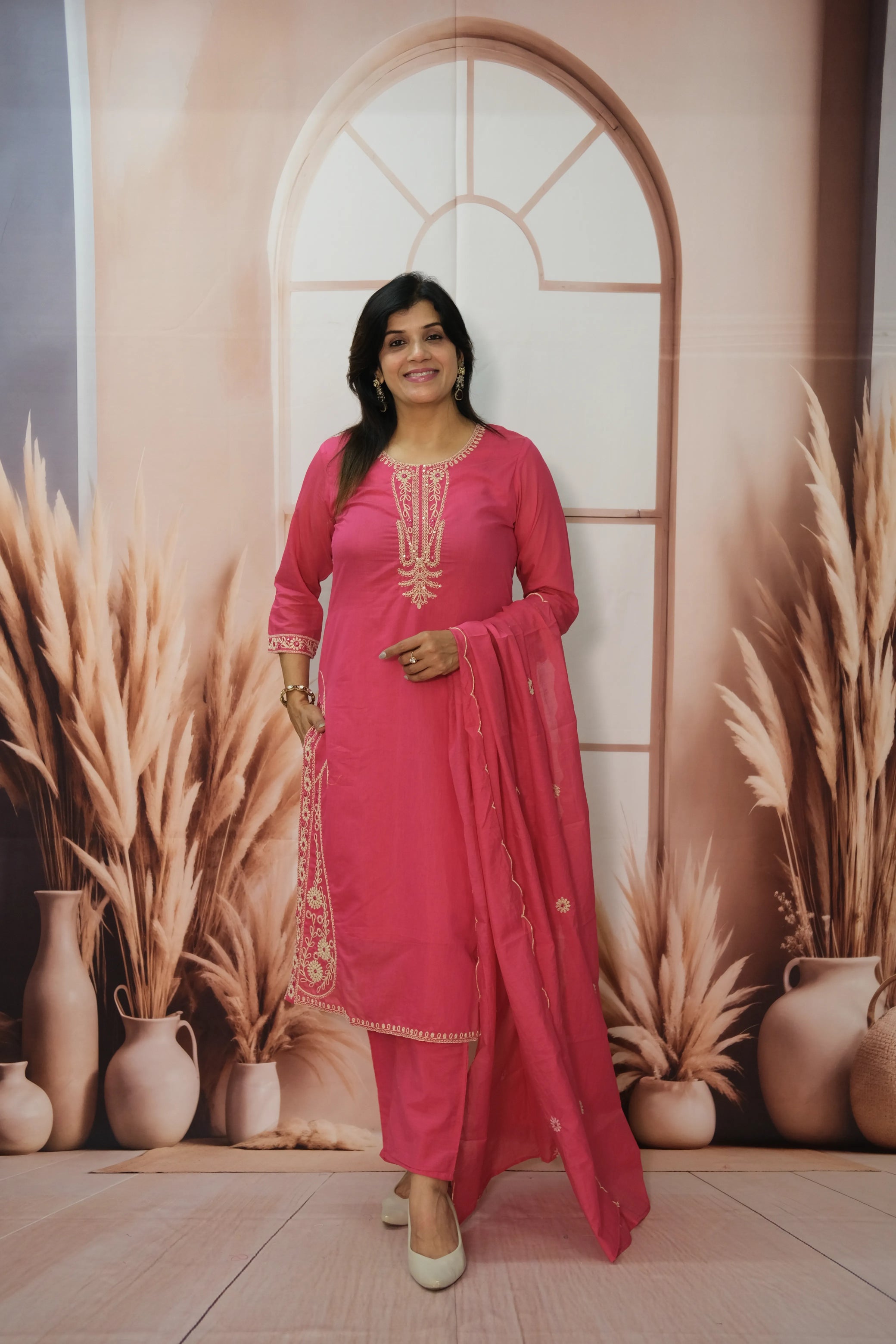 Barbie Pink Mul Chanderi Kurta Dupatta Set with Thread Embroidery