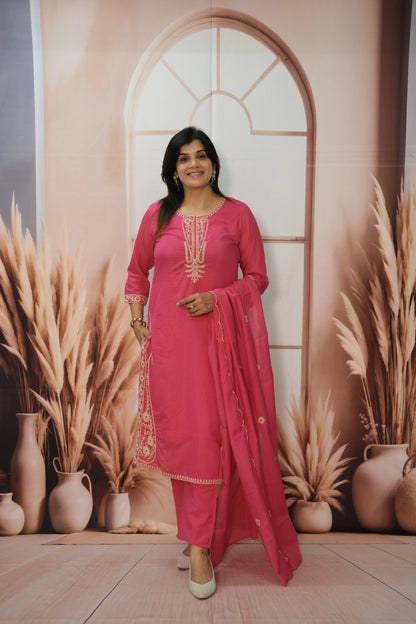 Barbie Pink Mul Chanderi Kurta Dupatta Set with Thread Embroidery