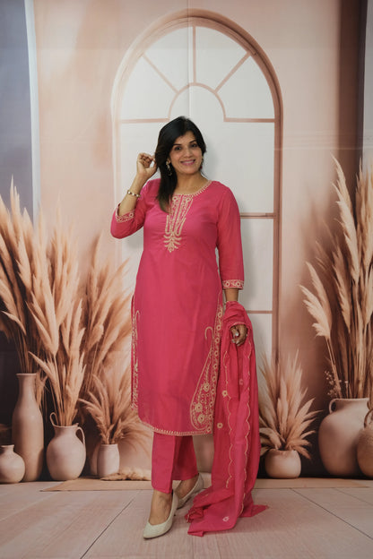 Barbie Pink Mul Chanderi Kurta Dupatta Set with Thread Embroidery