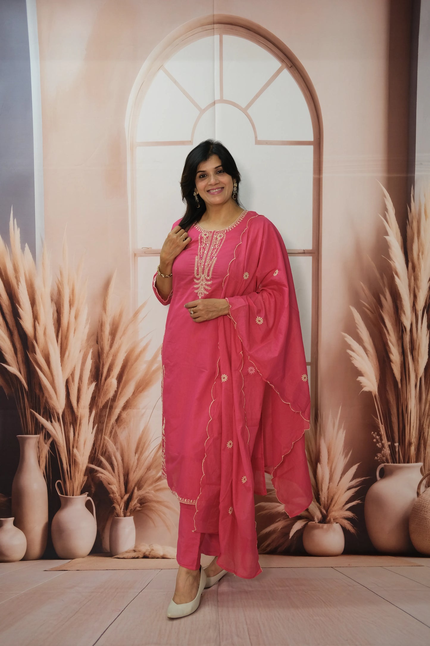 Barbie Pink Mul Chanderi Kurta Dupatta Set with Thread Embroidery