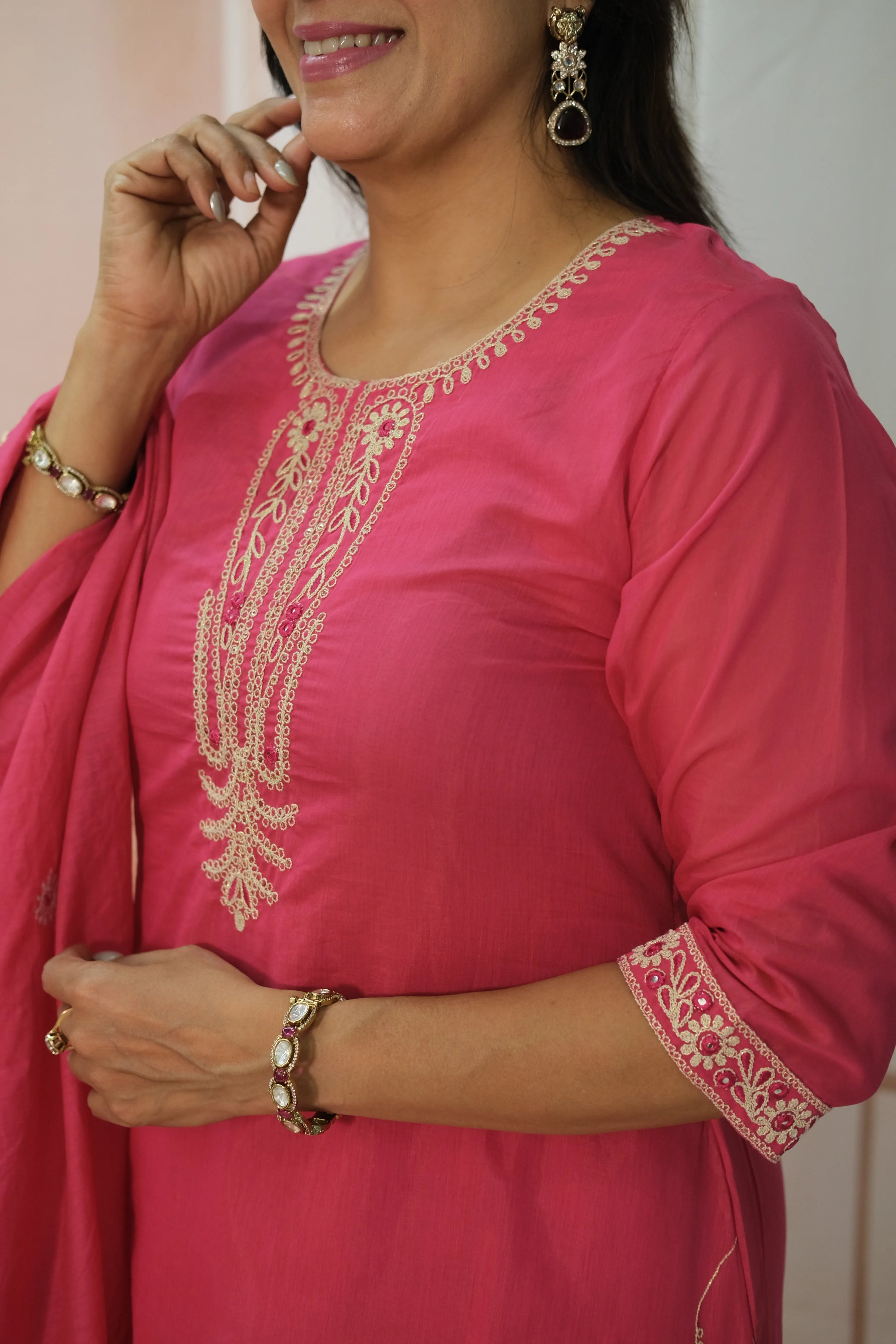 Barbie Pink Mul Chanderi Kurta Dupatta Set with Thread Embroidery