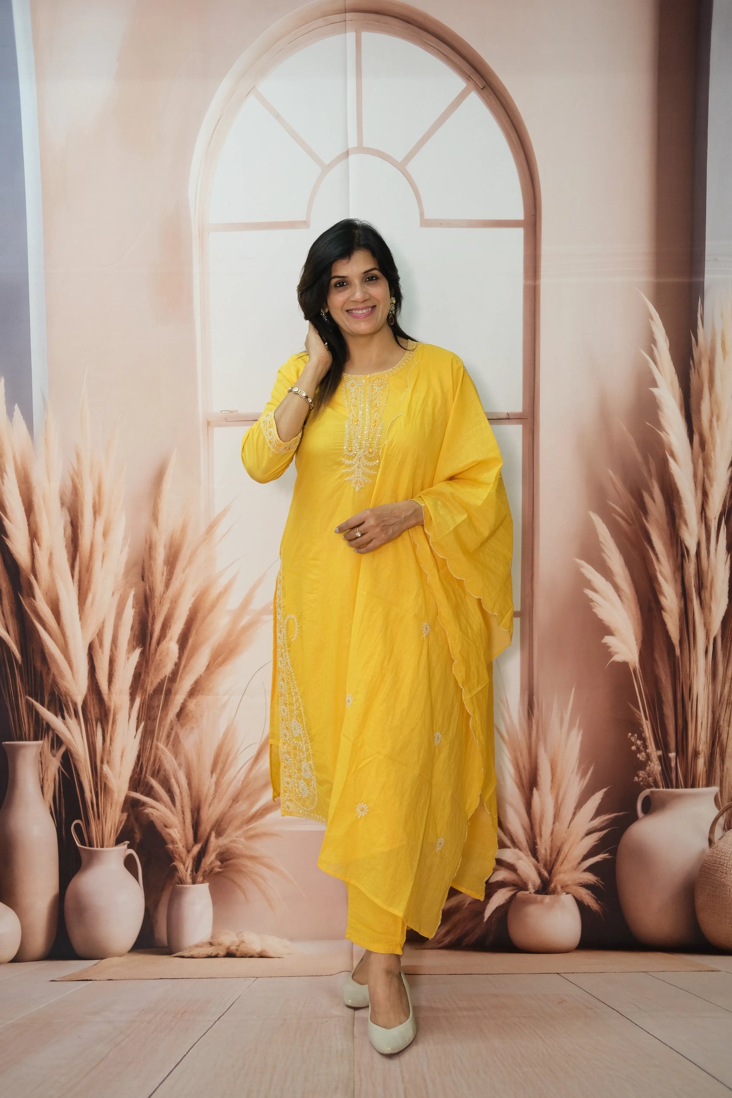 Marigold Mul Chanderi Kurta Dupatta Set with Thread Embroidery