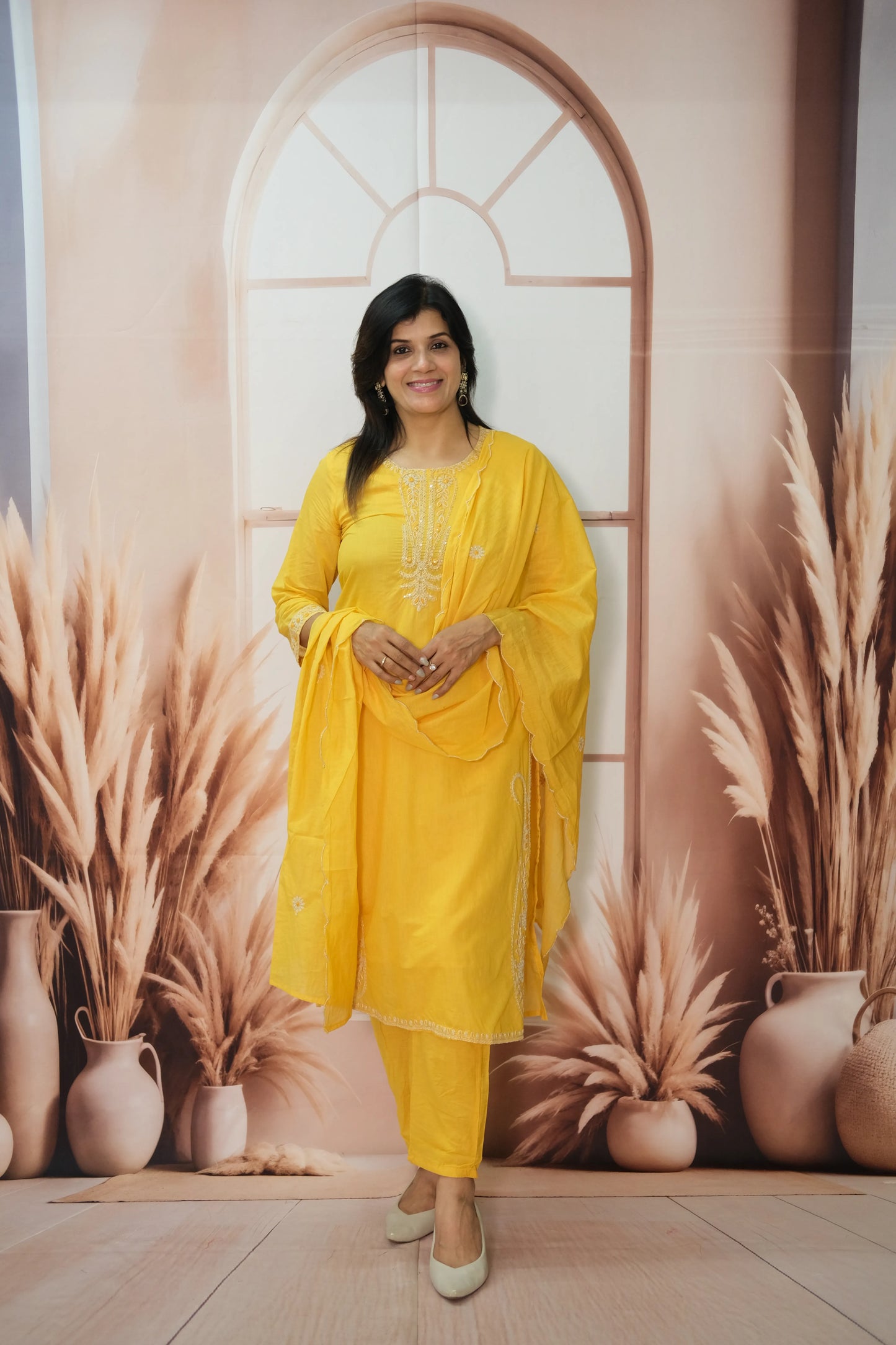 Marigold Mul Chanderi Kurta Dupatta Set with Thread Embroidery