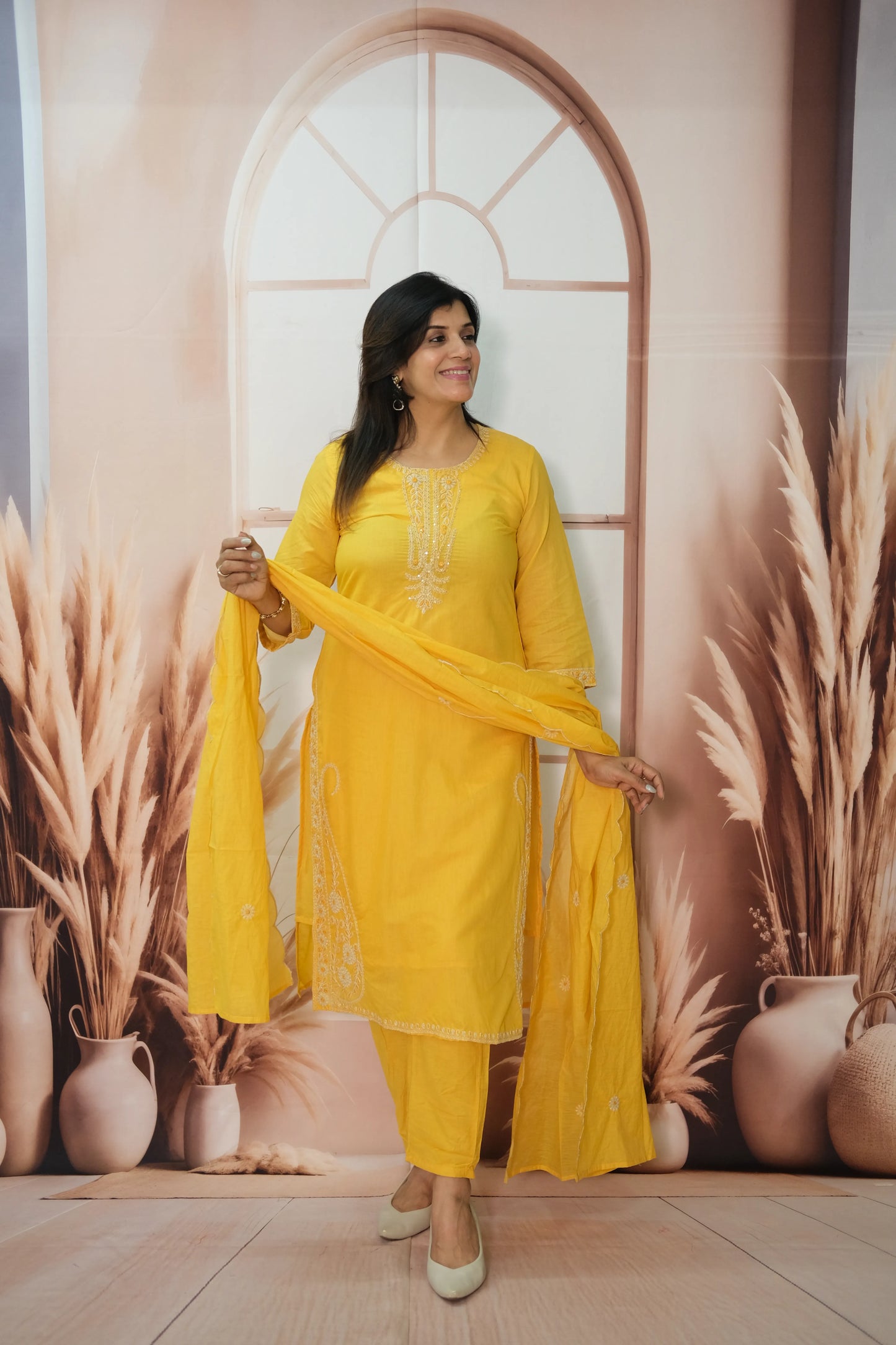 Marigold Mul Chanderi Kurta Dupatta Set with Thread Embroidery