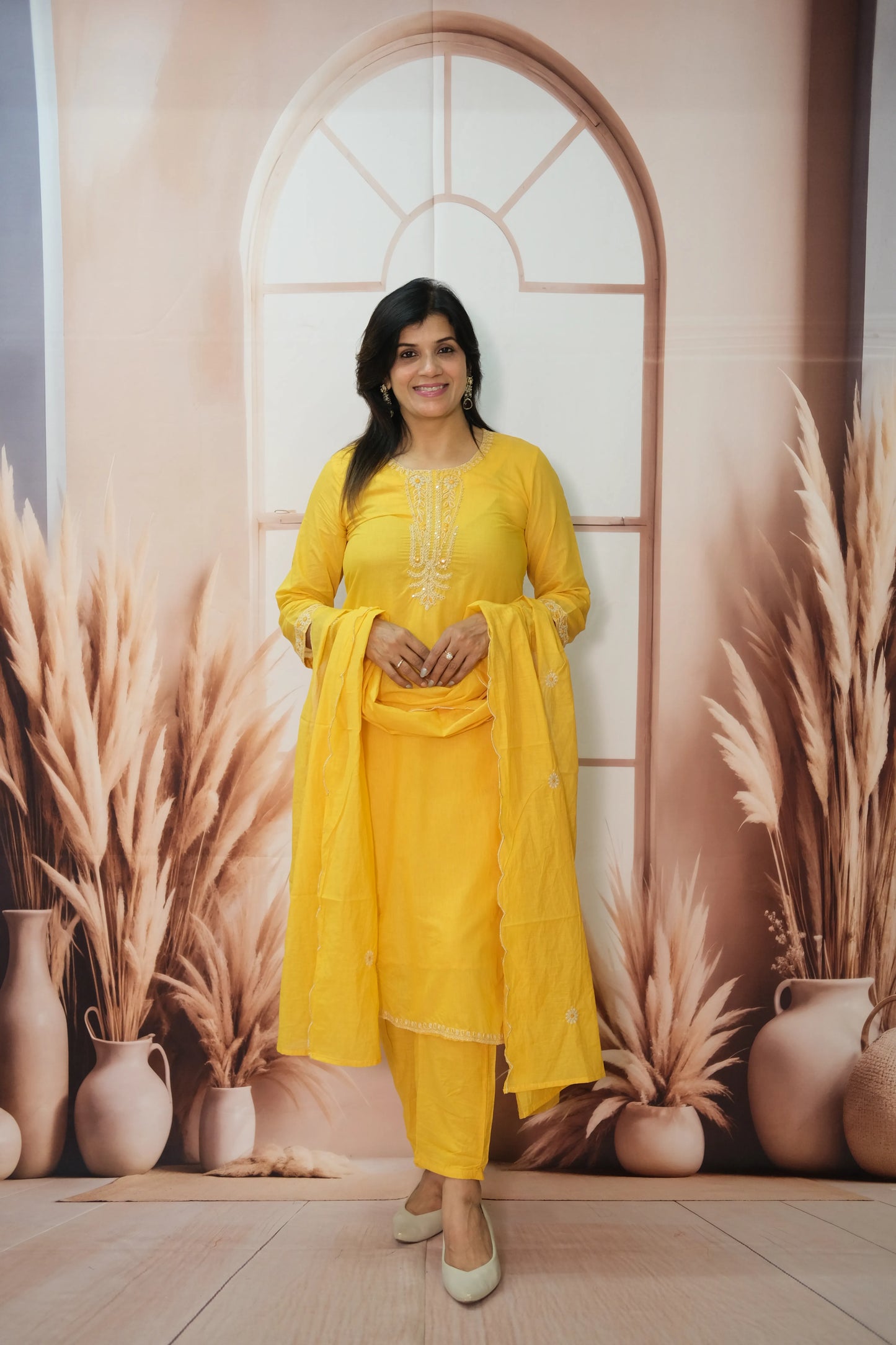 Marigold Mul Chanderi Kurta Dupatta Set with Thread Embroidery