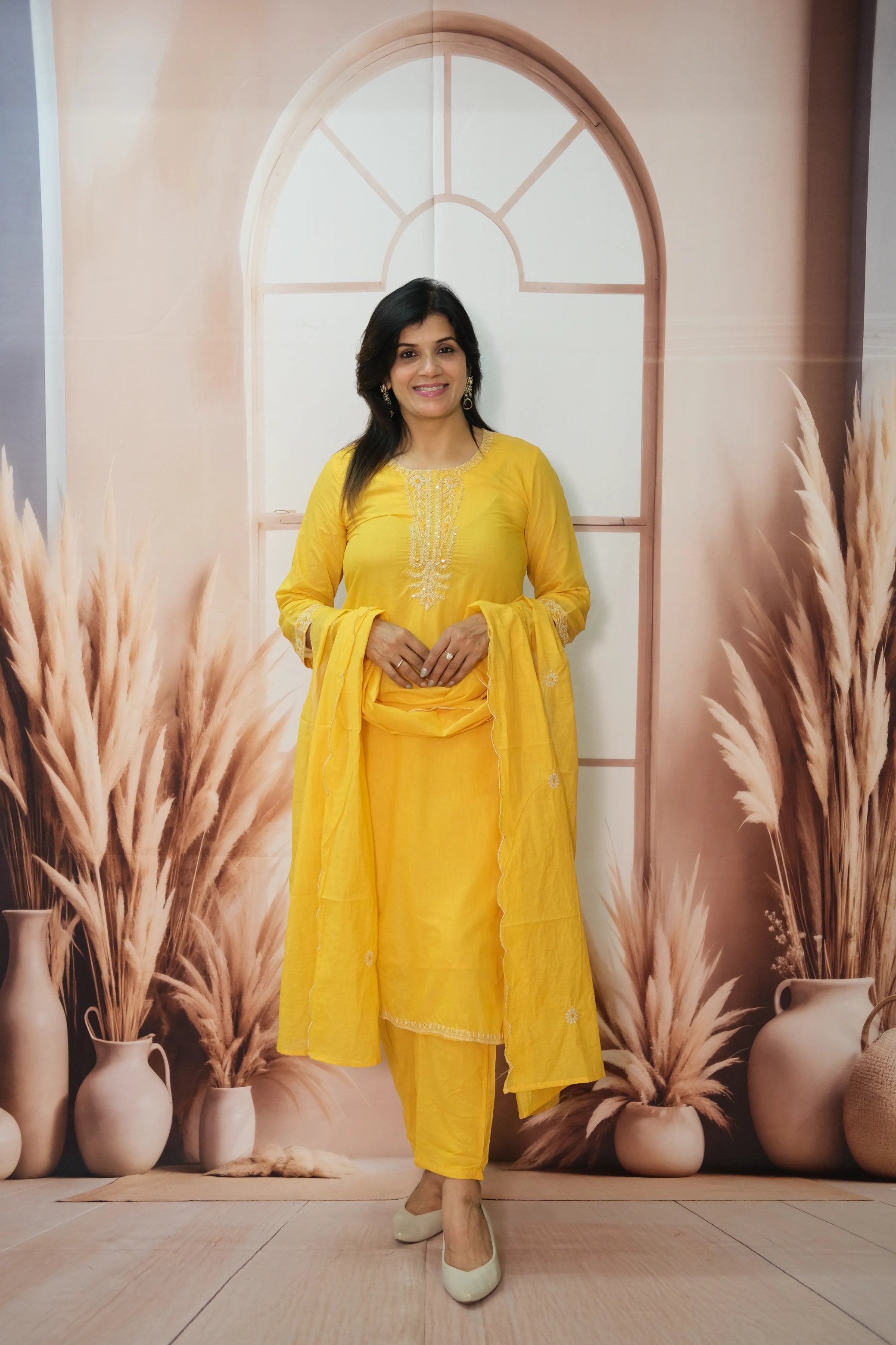 Marigold Mul Chanderi Kurta Dupatta Set with Thread Embroidery