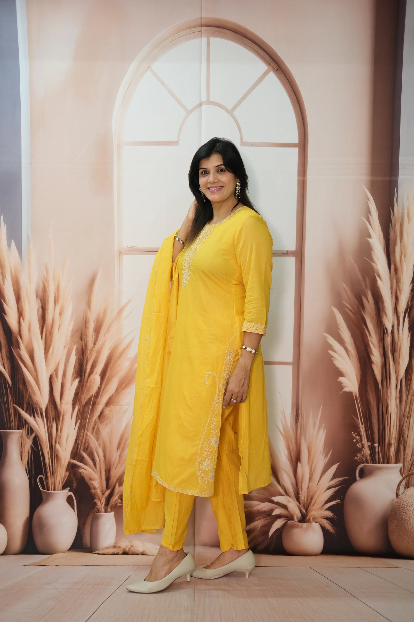 Marigold Mul Chanderi Kurta Dupatta Set with Thread Embroidery