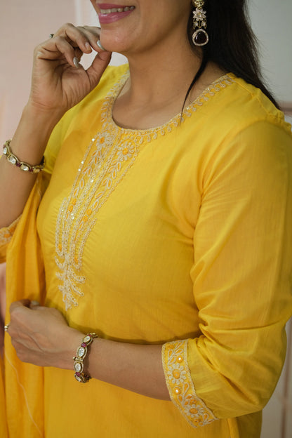 Marigold Mul Chanderi Kurta Dupatta Set with Thread Embroidery