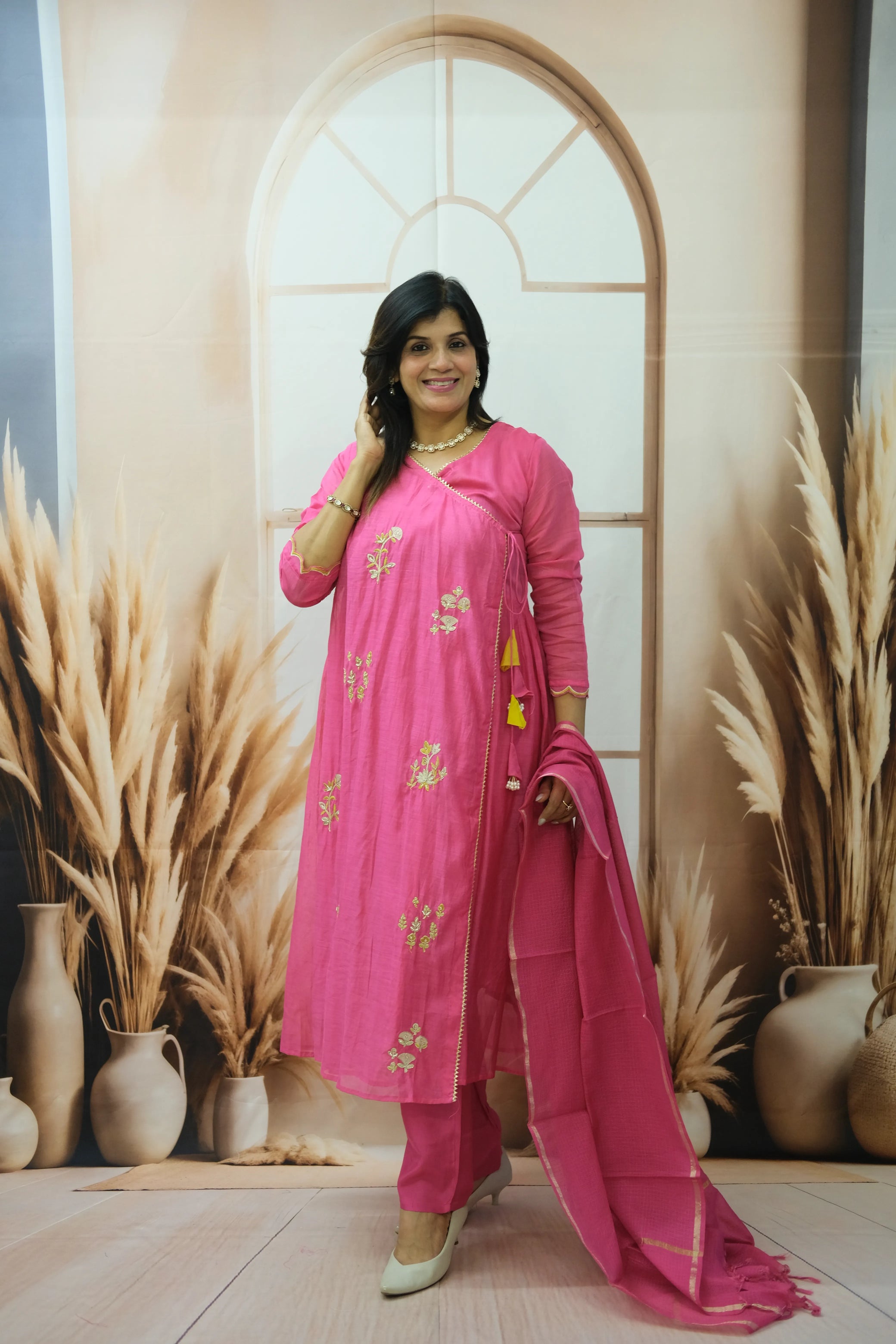 Royal Fuchsia Mul Chanderi Angrakha Style Dupatta Set with Pearl Embroidery