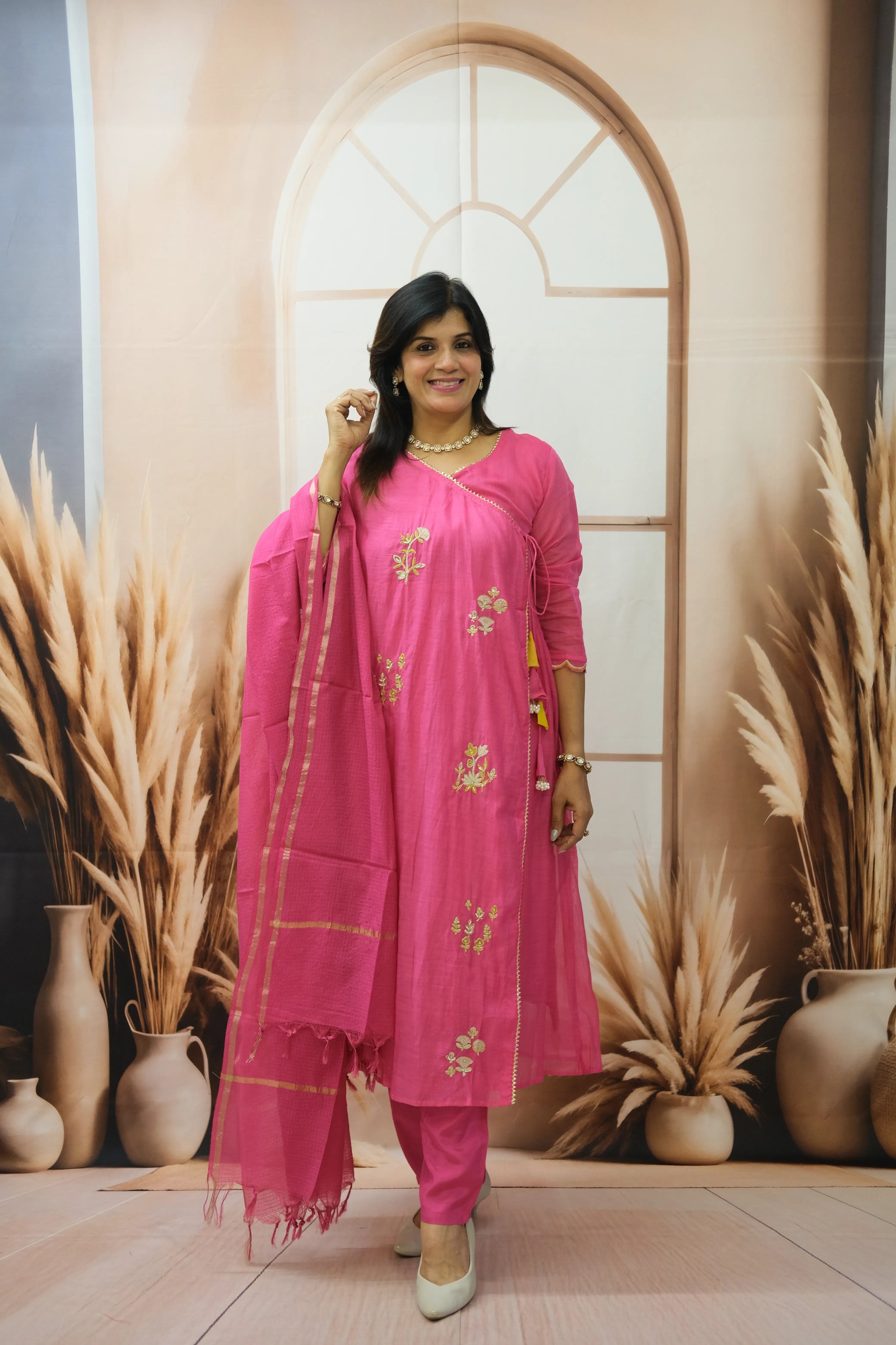 Royal Fuchsia Mul Chanderi Angrakha Style Dupatta Set with Pearl Embroidery