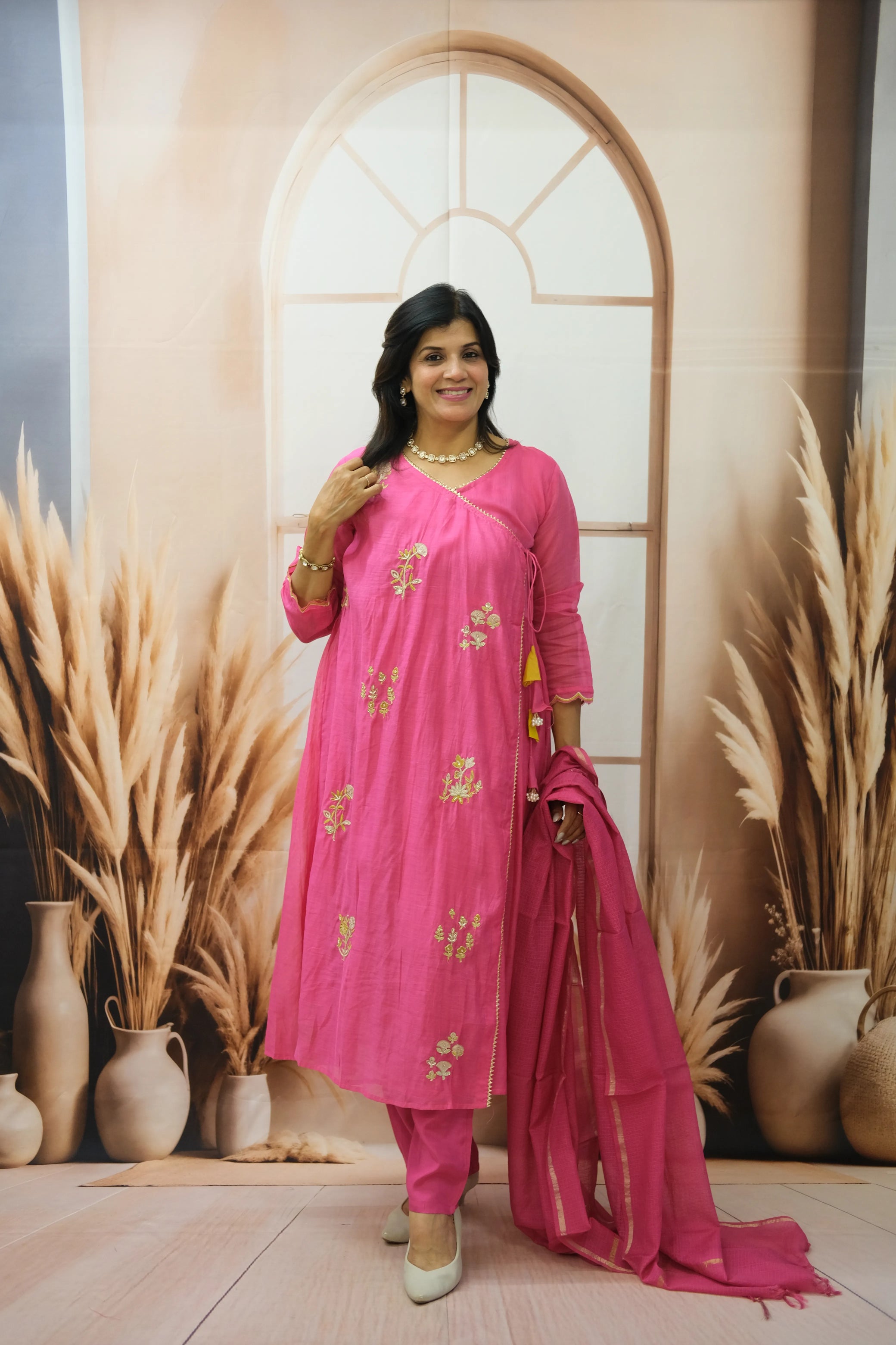 Royal Fuchsia Mul Chanderi Angrakha Style Dupatta Set with Pearl Embroidery