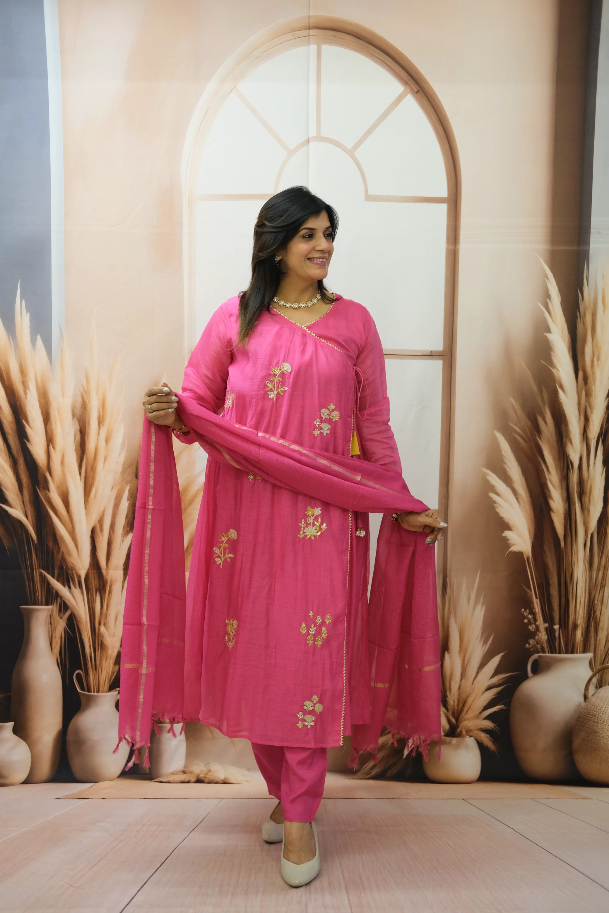 Royal Fuchsia Mul Chanderi Angrakha Style Dupatta Set with Pearl Embroidery