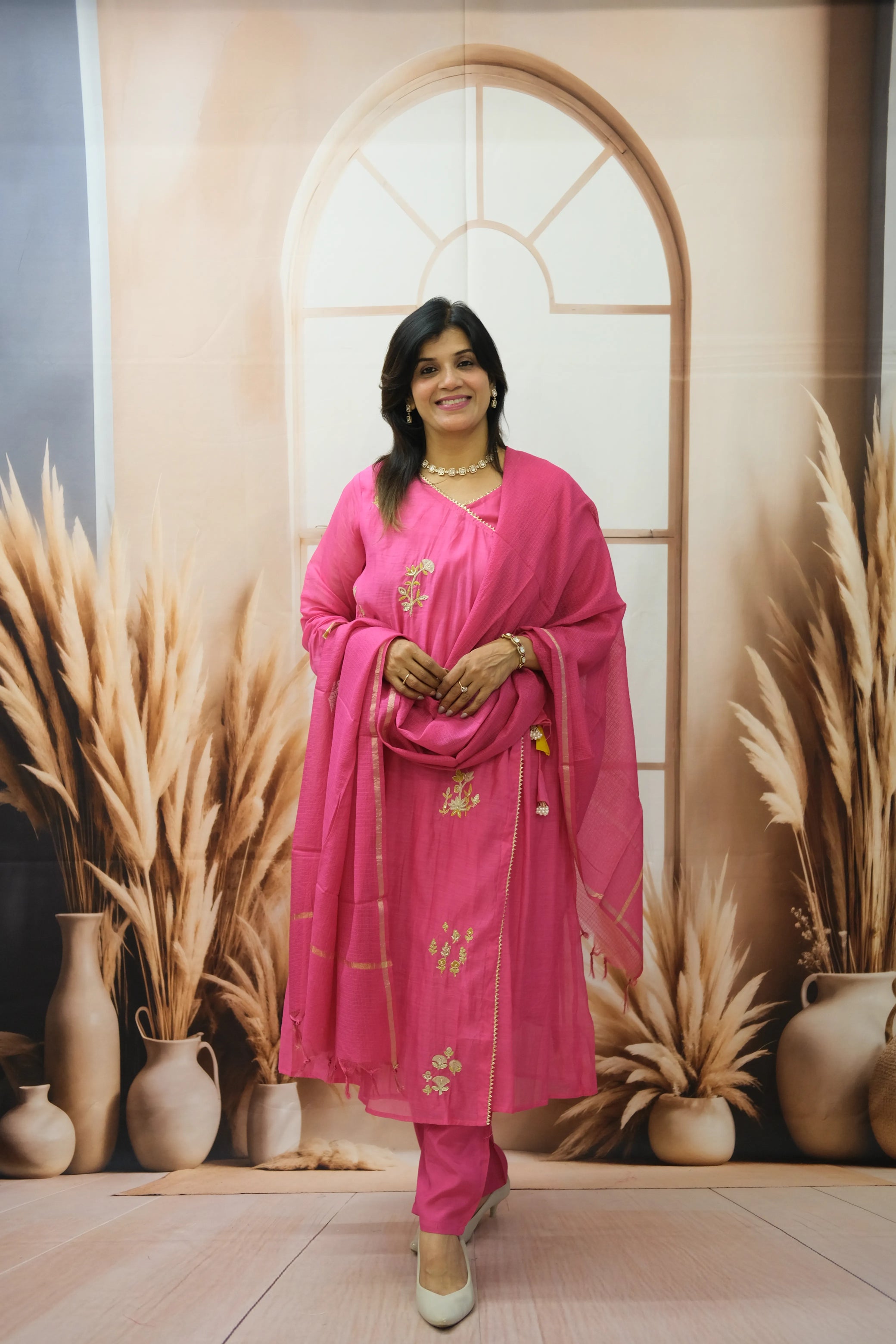 Royal Fuchsia Mul Chanderi Angrakha Style Dupatta Set with Pearl Embroidery