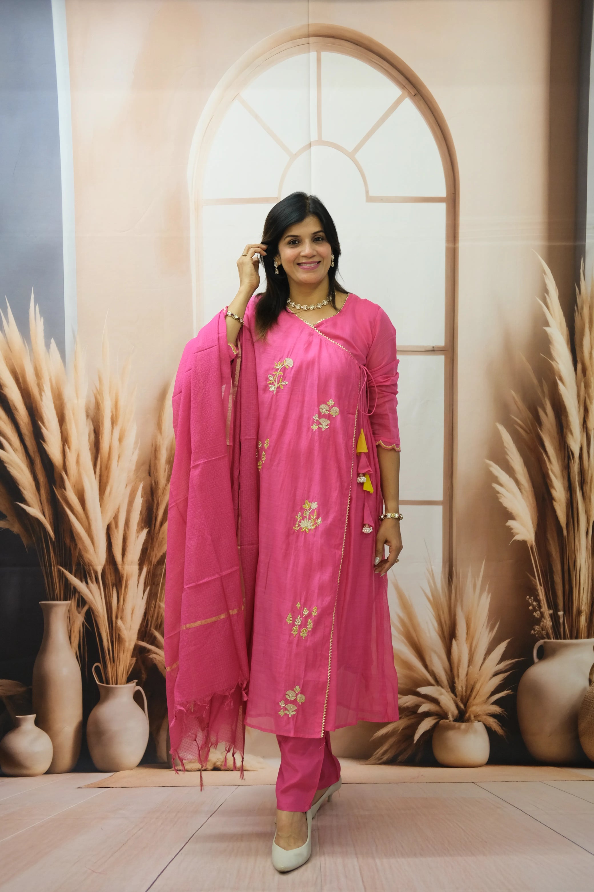 Royal Fuchsia Mul Chanderi Angrakha Style Dupatta Set with Pearl Embroidery