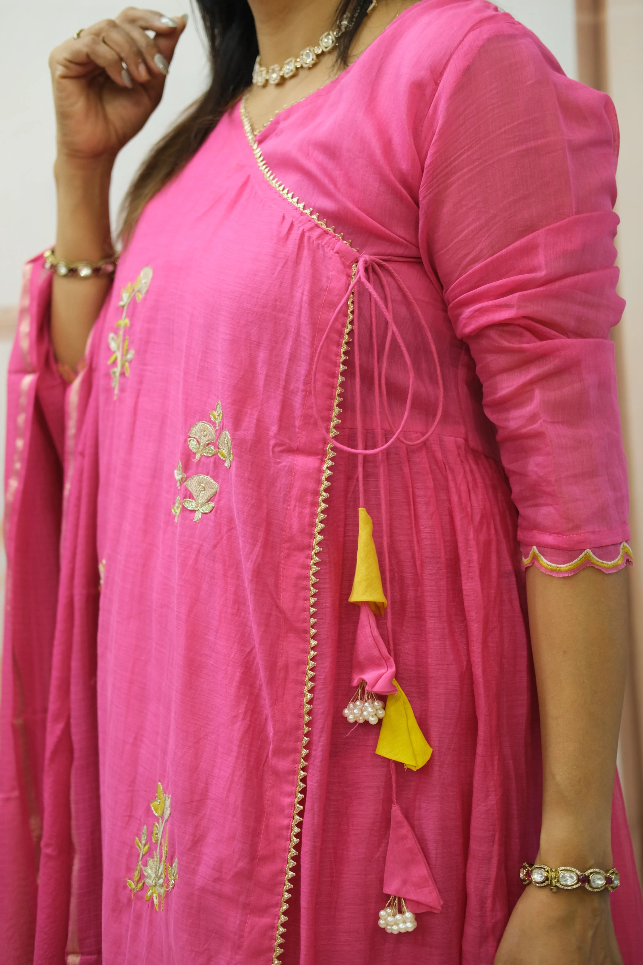 Royal Fuchsia Mul Chanderi Angrakha Style Dupatta Set with Pearl Embroidery