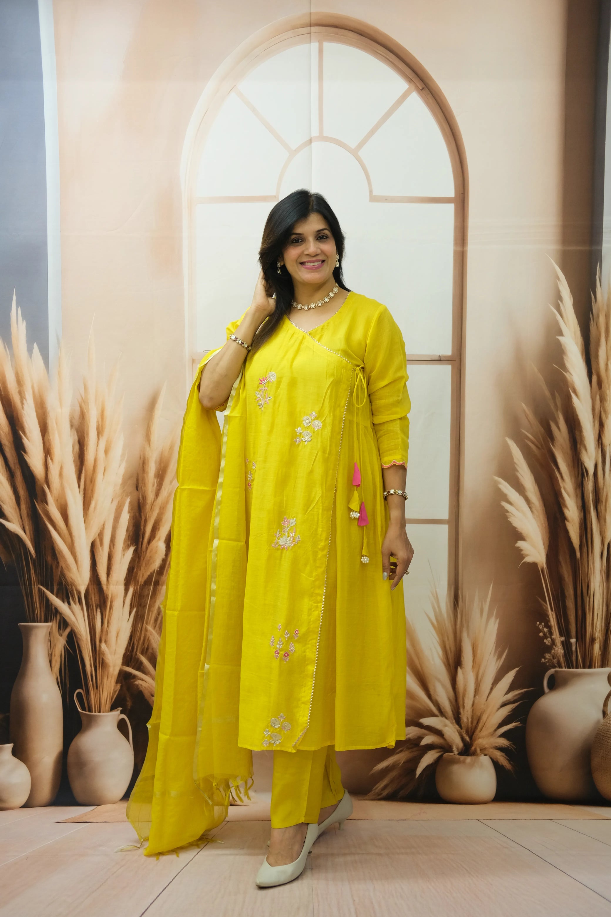 Sunshine Yellow Mul Chanderi Angrakha Style Dupatta Set with Pearl Embroidery