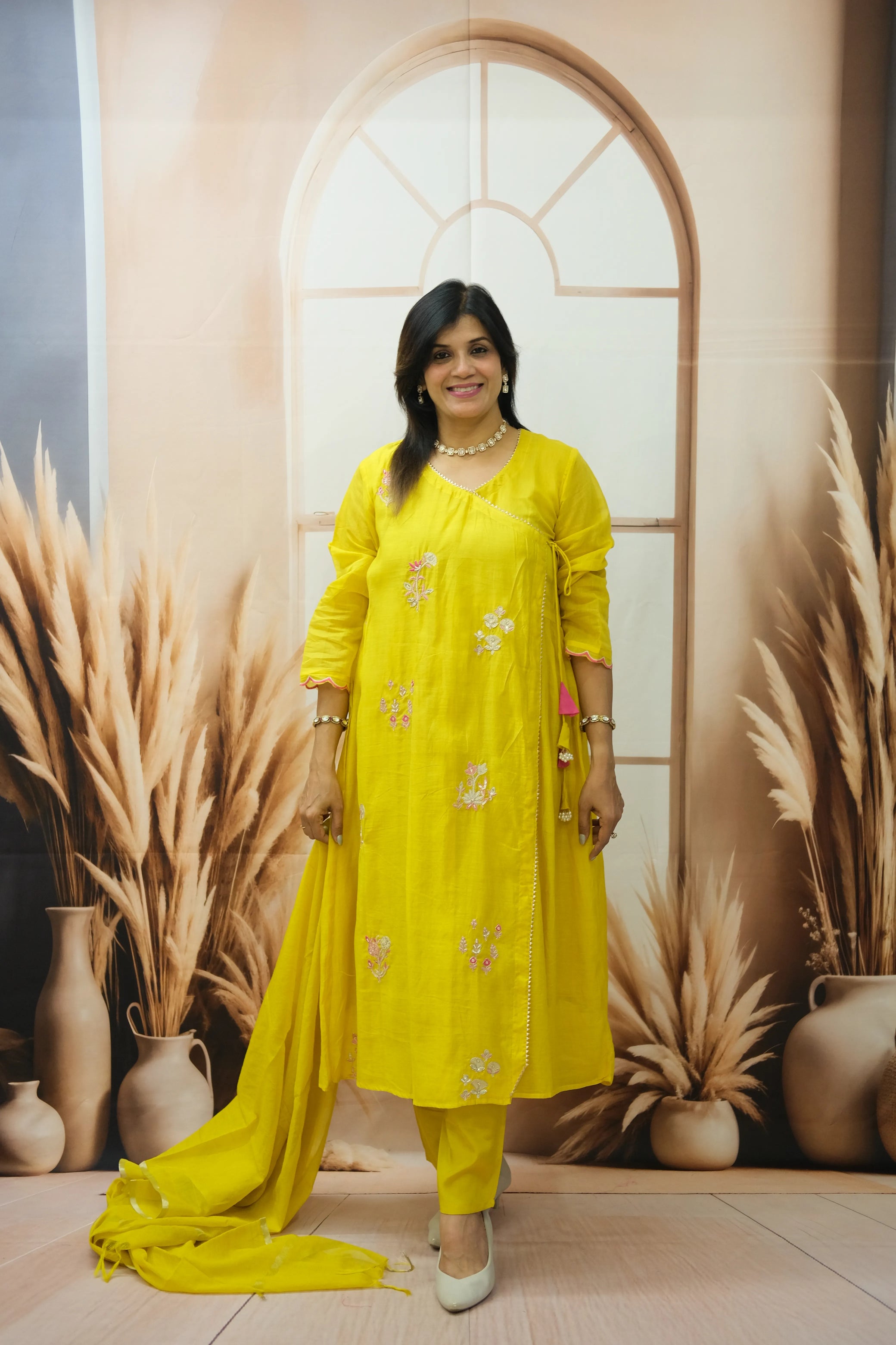 Sunshine Yellow Mul Chanderi Angrakha Style Dupatta Set with Pearl Embroidery