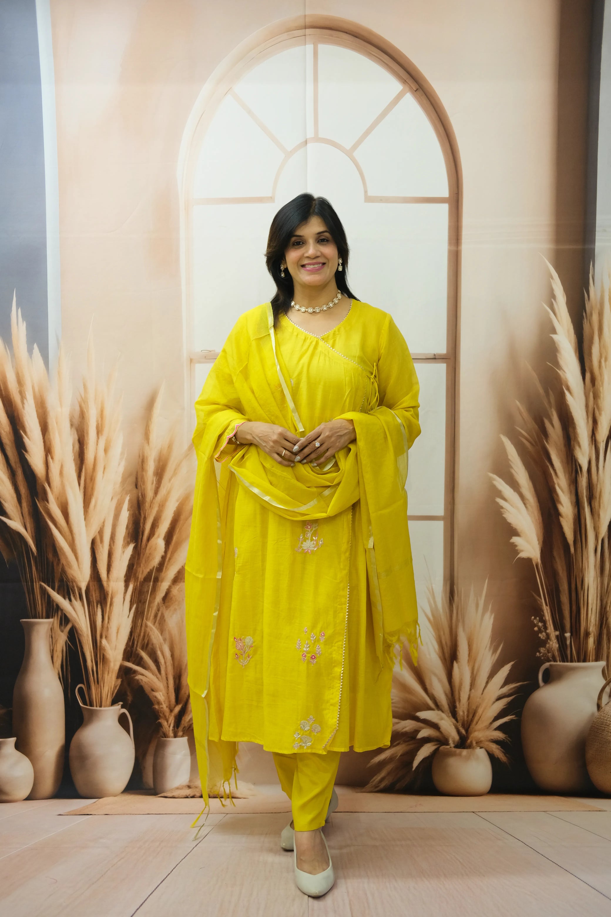 Sunshine Yellow Mul Chanderi Angrakha Style Dupatta Set with Pearl Embroidery