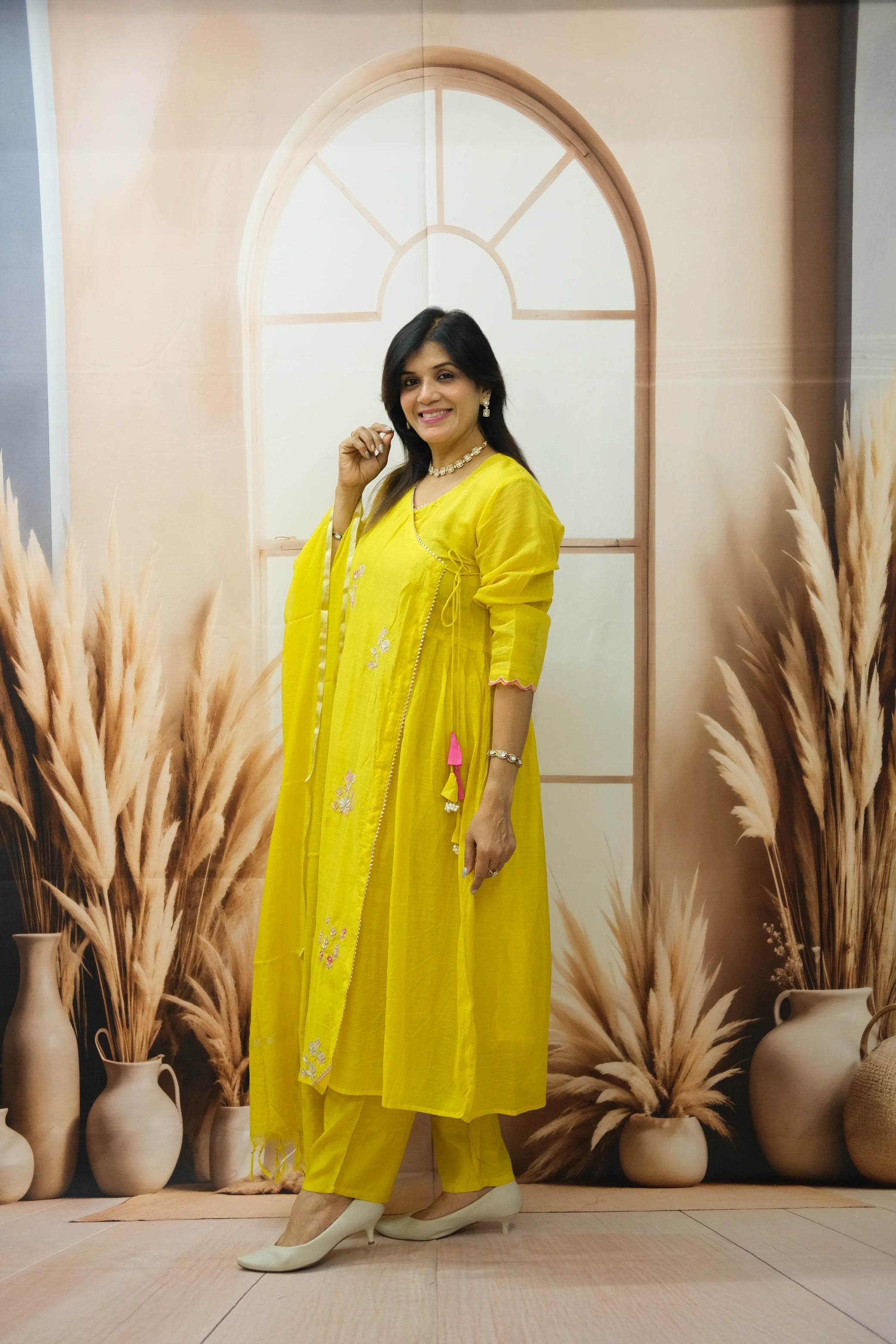 Sunshine Yellow Mul Chanderi Angrakha Style Dupatta Set with Pearl Embroidery