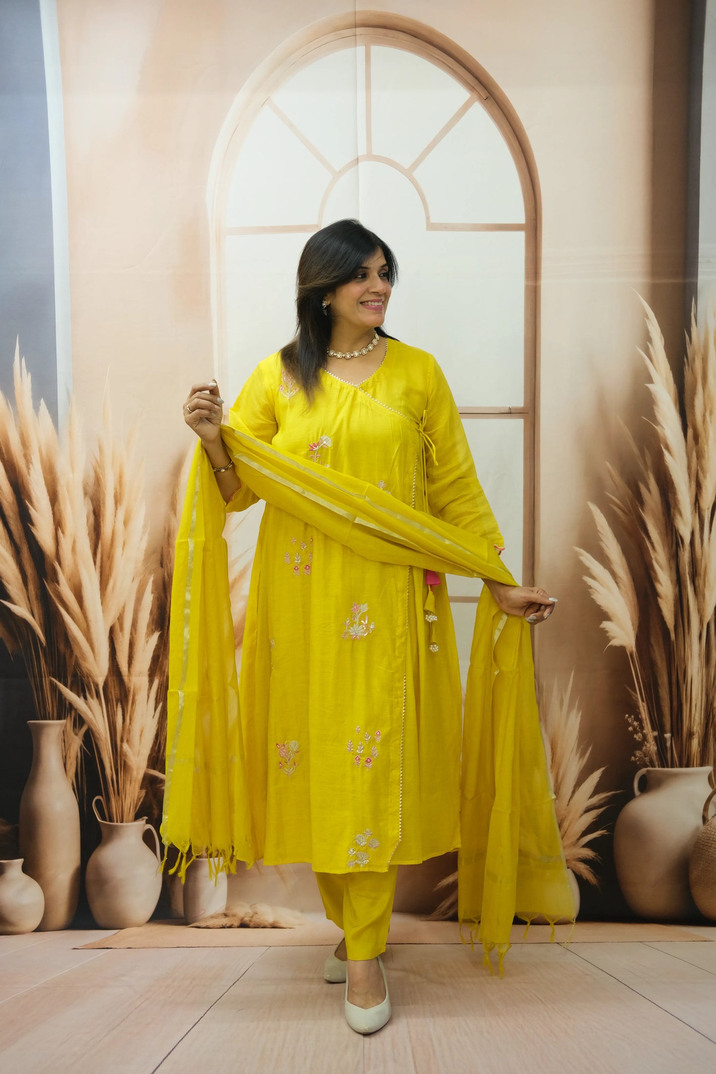 Sunshine Yellow Mul Chanderi Angrakha Style Dupatta Set with Pearl Embroidery