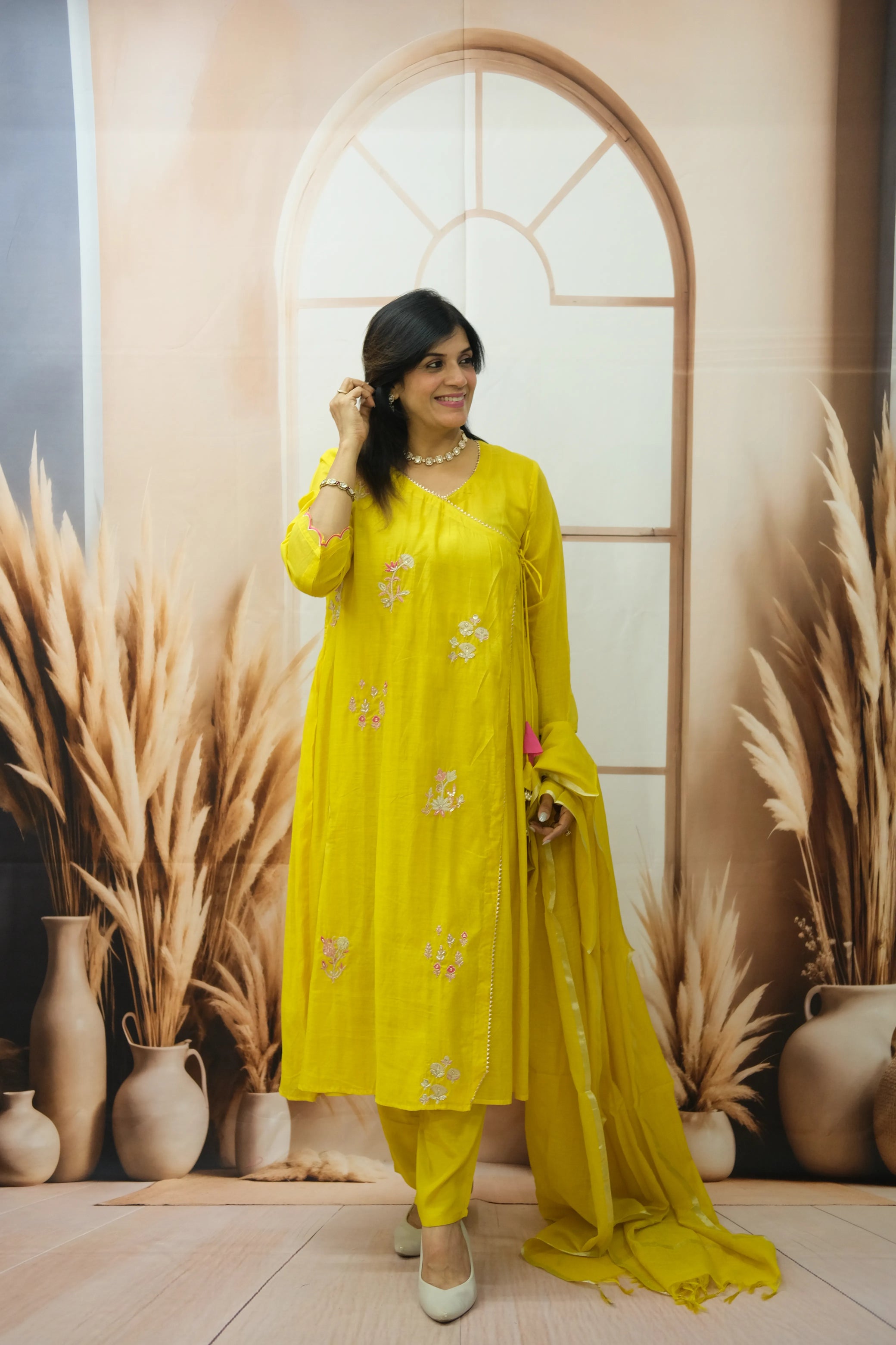 Sunshine Yellow Mul Chanderi Angrakha Style Dupatta Set with Pearl Embroidery