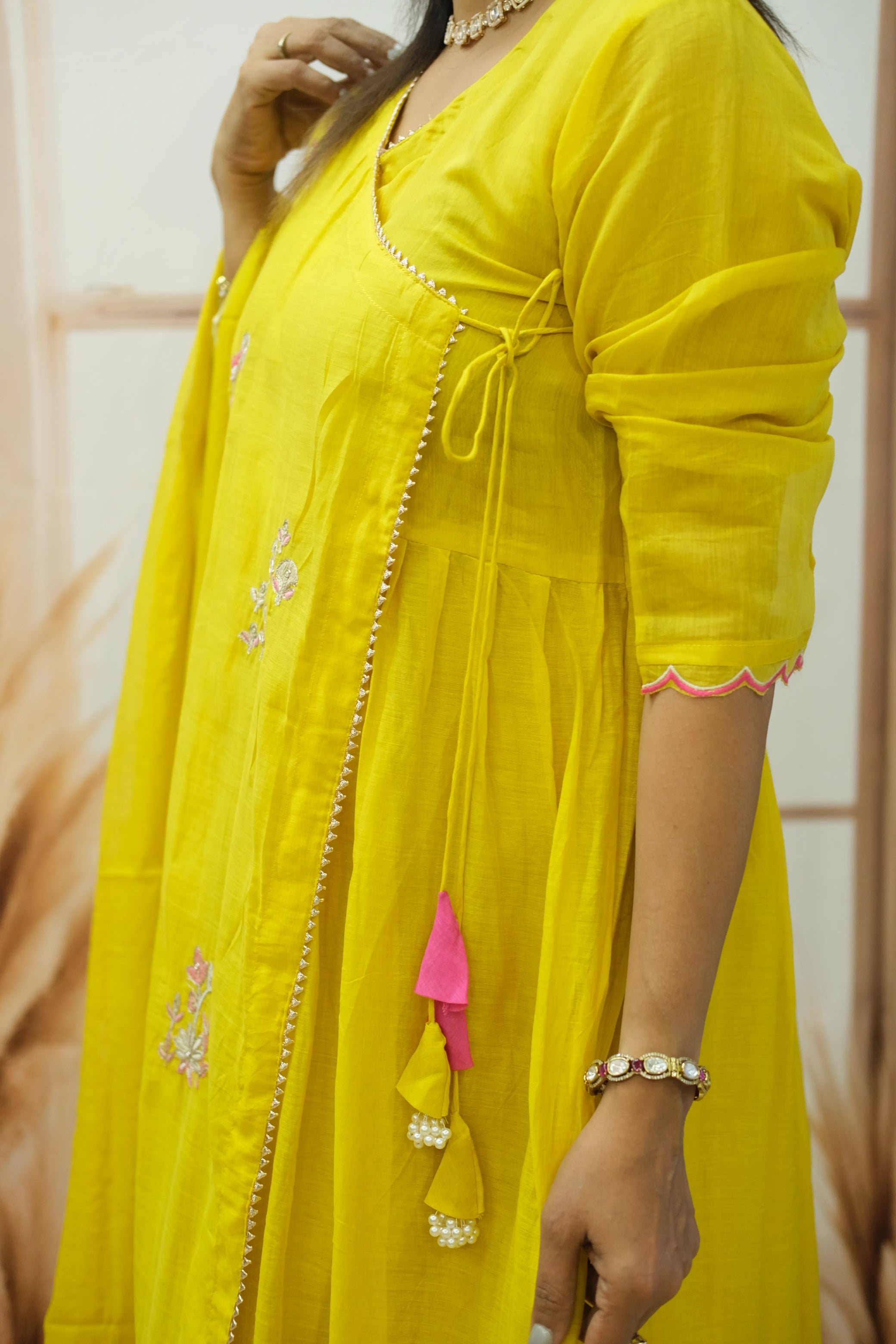 Sunshine Yellow Mul Chanderi Angrakha Style Dupatta Set with Pearl Embroidery