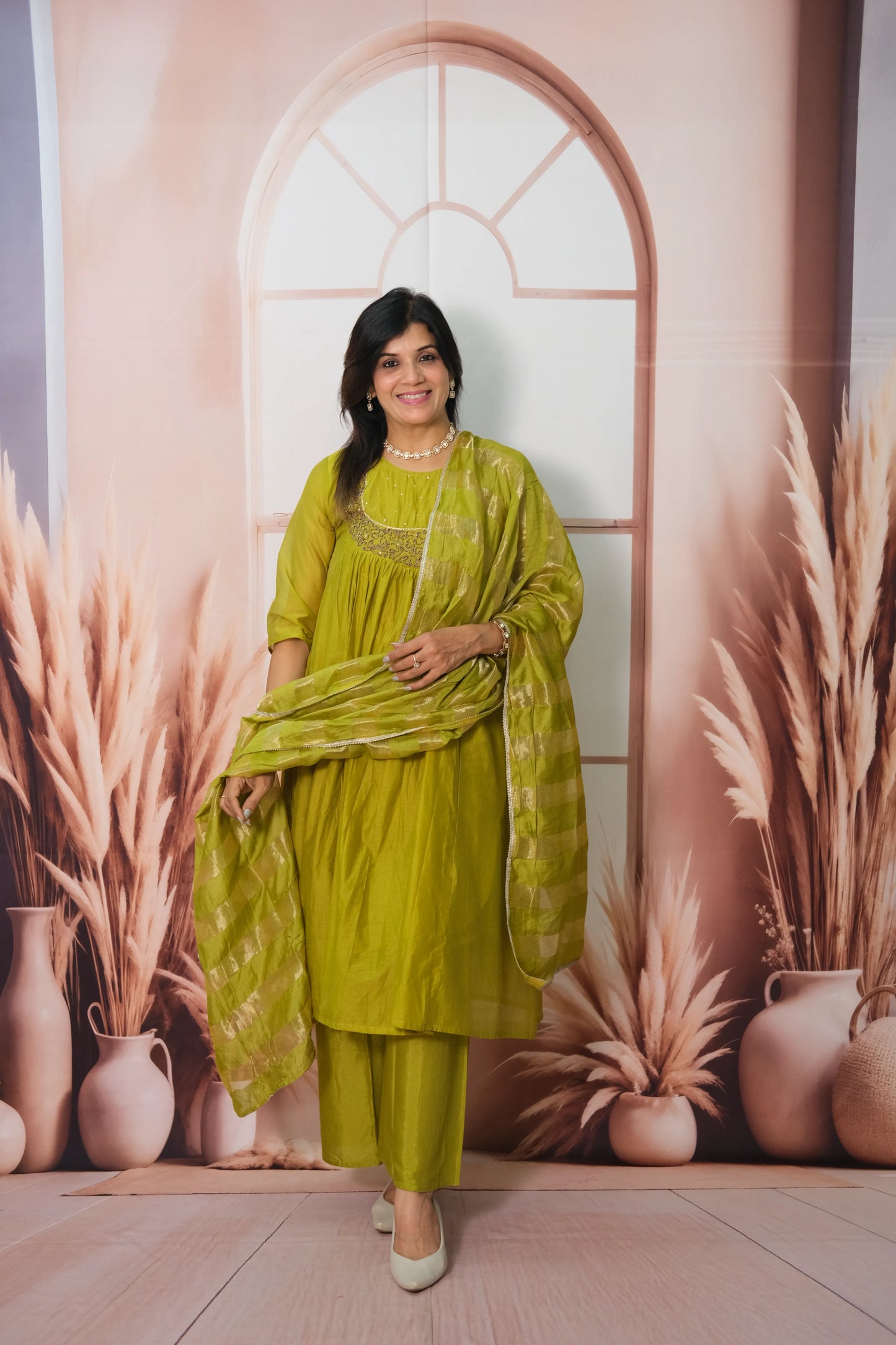 Muted Green Mul Chanderi A-Line Kurta Dupatta Set with Pearl Work
