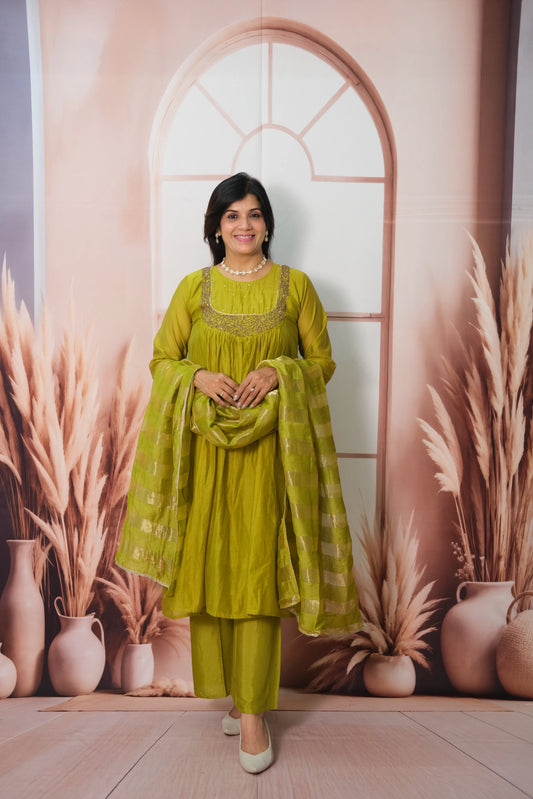 Muted Green Mul Chanderi A-Line Kurta Dupatta Set with Pearl Work