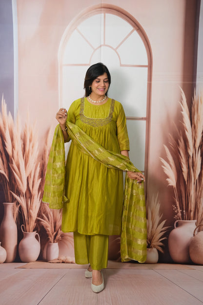 Muted Green Mul Chanderi A-Line Kurta Dupatta Set with Pearl Work