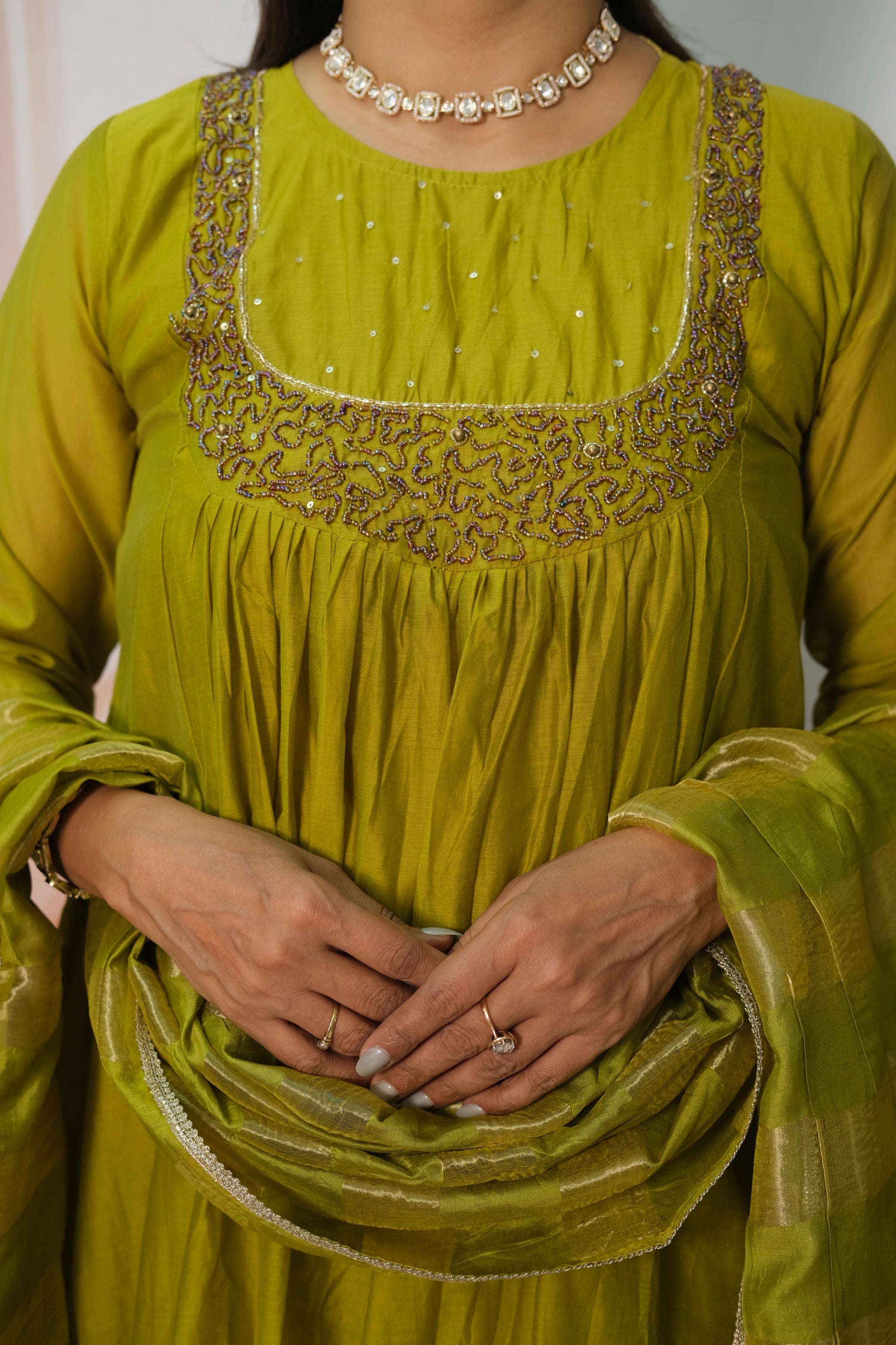 Muted Green Mul Chanderi A-Line Kurta Dupatta Set with Pearl Work
