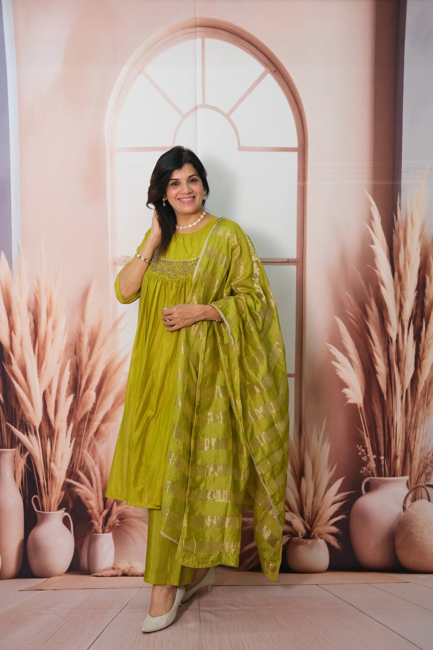 Muted Green Mul Chanderi A-Line Kurta Dupatta Set with Pearl Work
