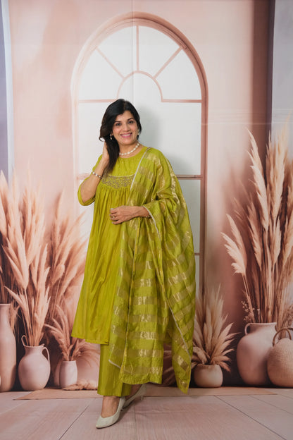 Muted Green Mul Chanderi A-Line Kurta Dupatta Set with Pearl Work