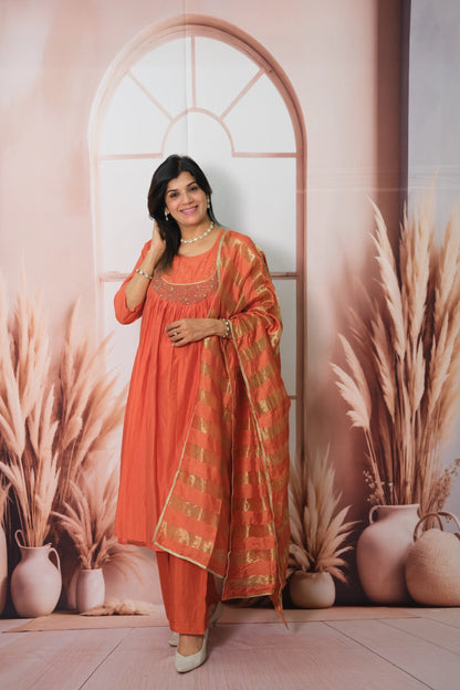 Terracotta Mul Chanderi A-Line Kurta Dupatta Set with Pearl Work