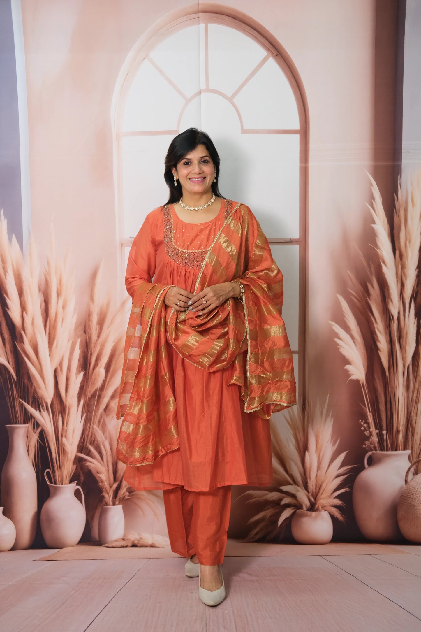 Terracotta Mul Chanderi A-Line Kurta Dupatta Set with Pearl Work