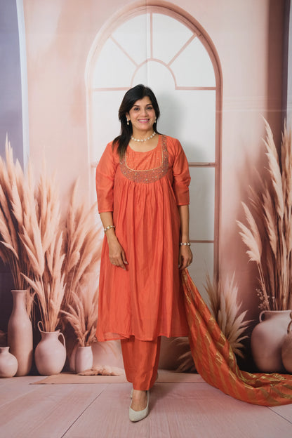 Terracotta Mul Chanderi A-Line Kurta Dupatta Set with Pearl Work