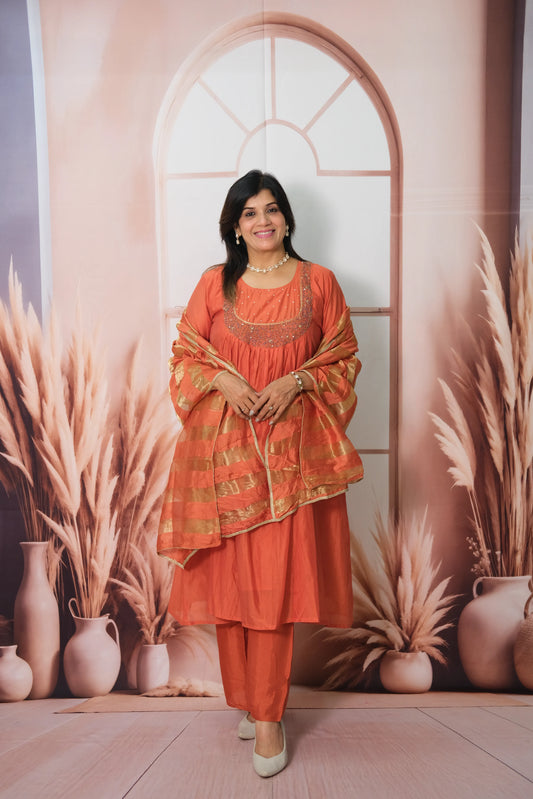 Terracotta Mul Chanderi A-Line Kurta Dupatta Set with Pearl Work