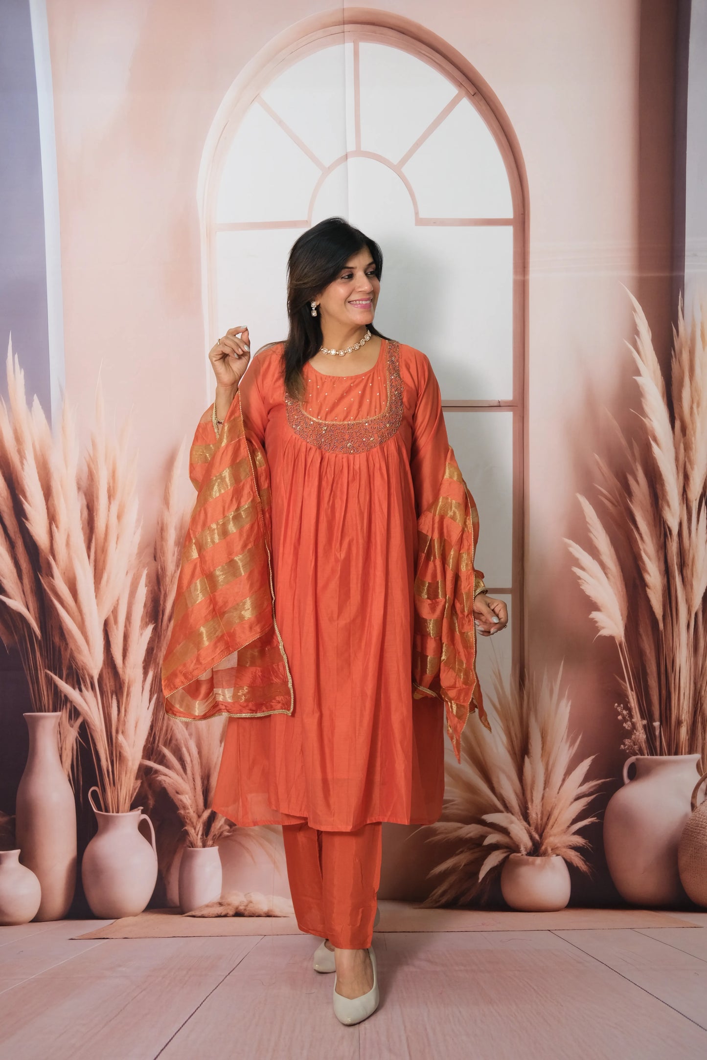 Terracotta Mul Chanderi A-Line Kurta Dupatta Set with Pearl Work