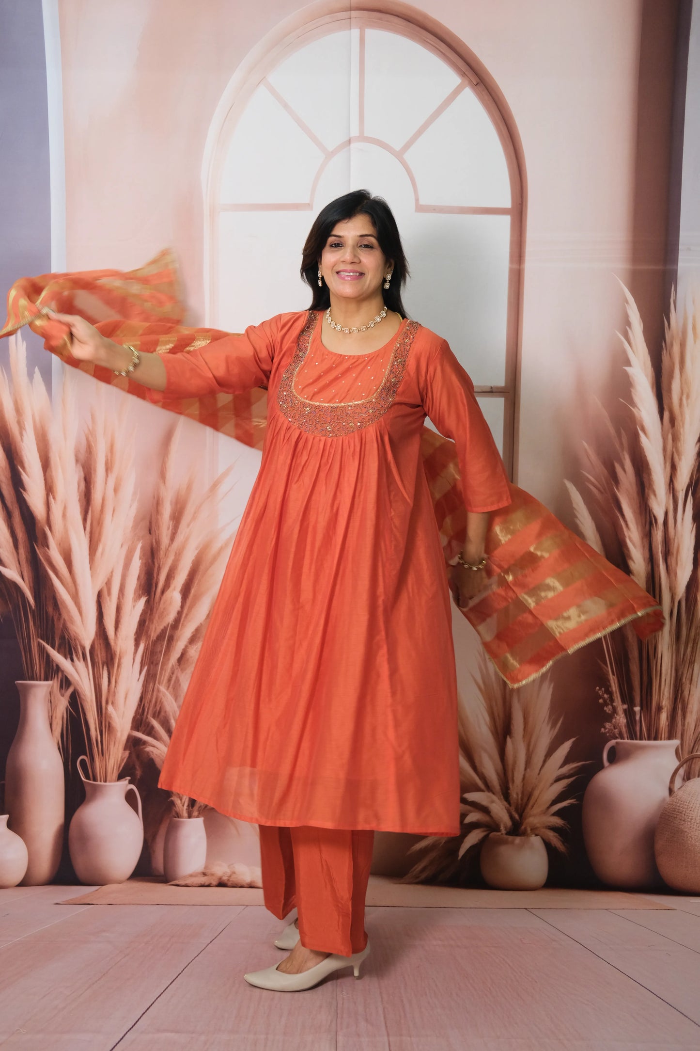 Terracotta Mul Chanderi A-Line Kurta Dupatta Set with Pearl Work