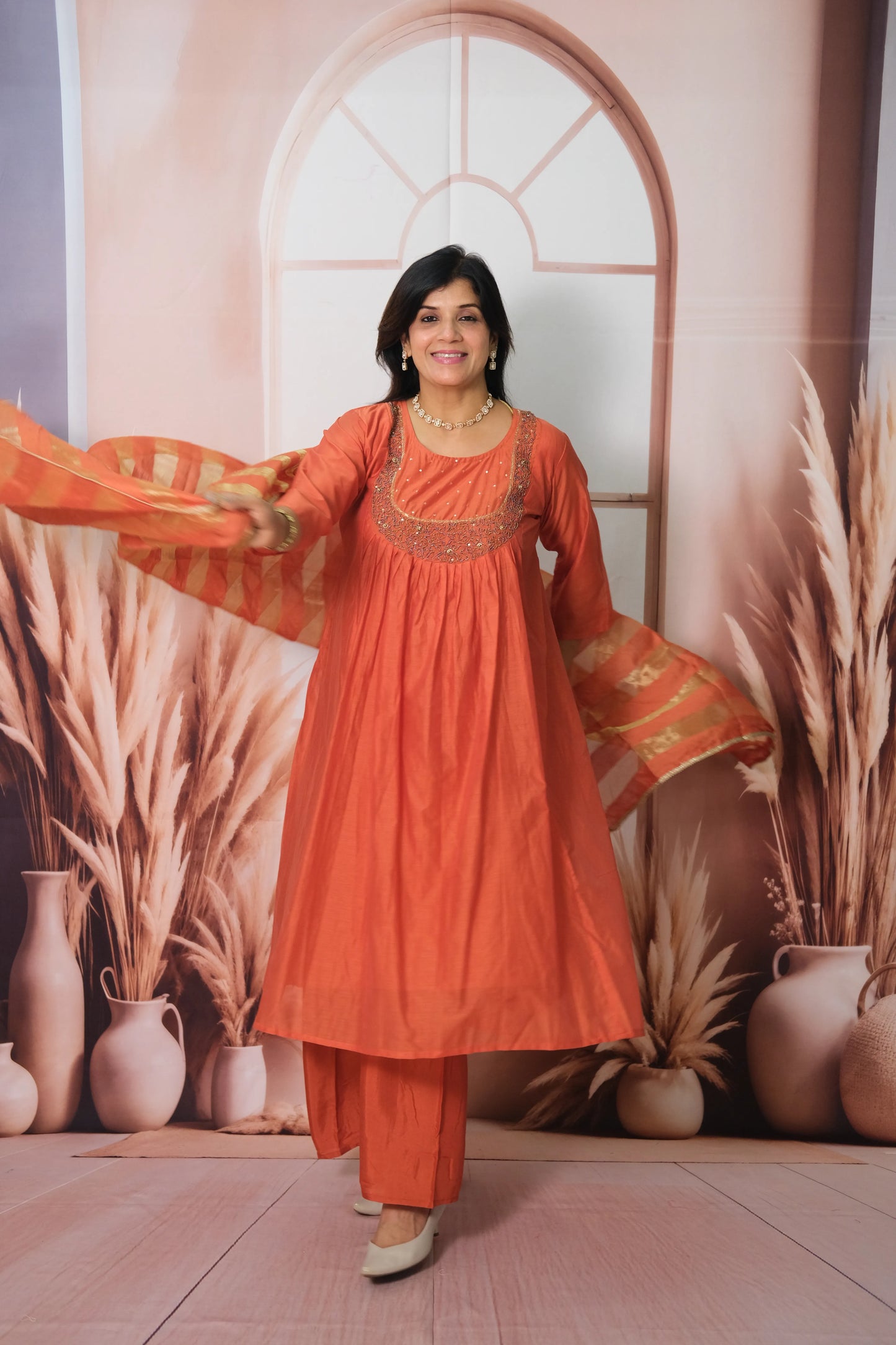 Terracotta Mul Chanderi A-Line Kurta Dupatta Set with Pearl Work