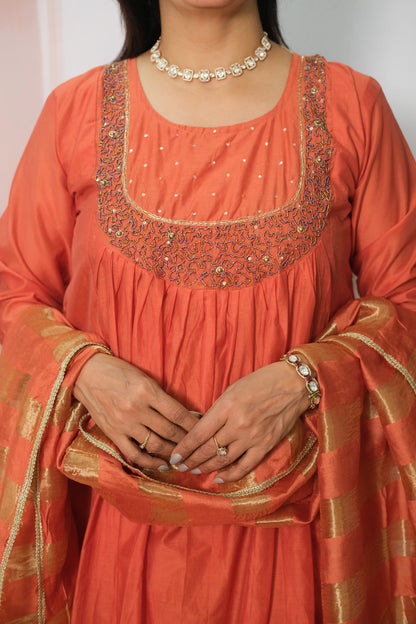 Terracotta Mul Chanderi A-Line Kurta Dupatta Set with Pearl Work