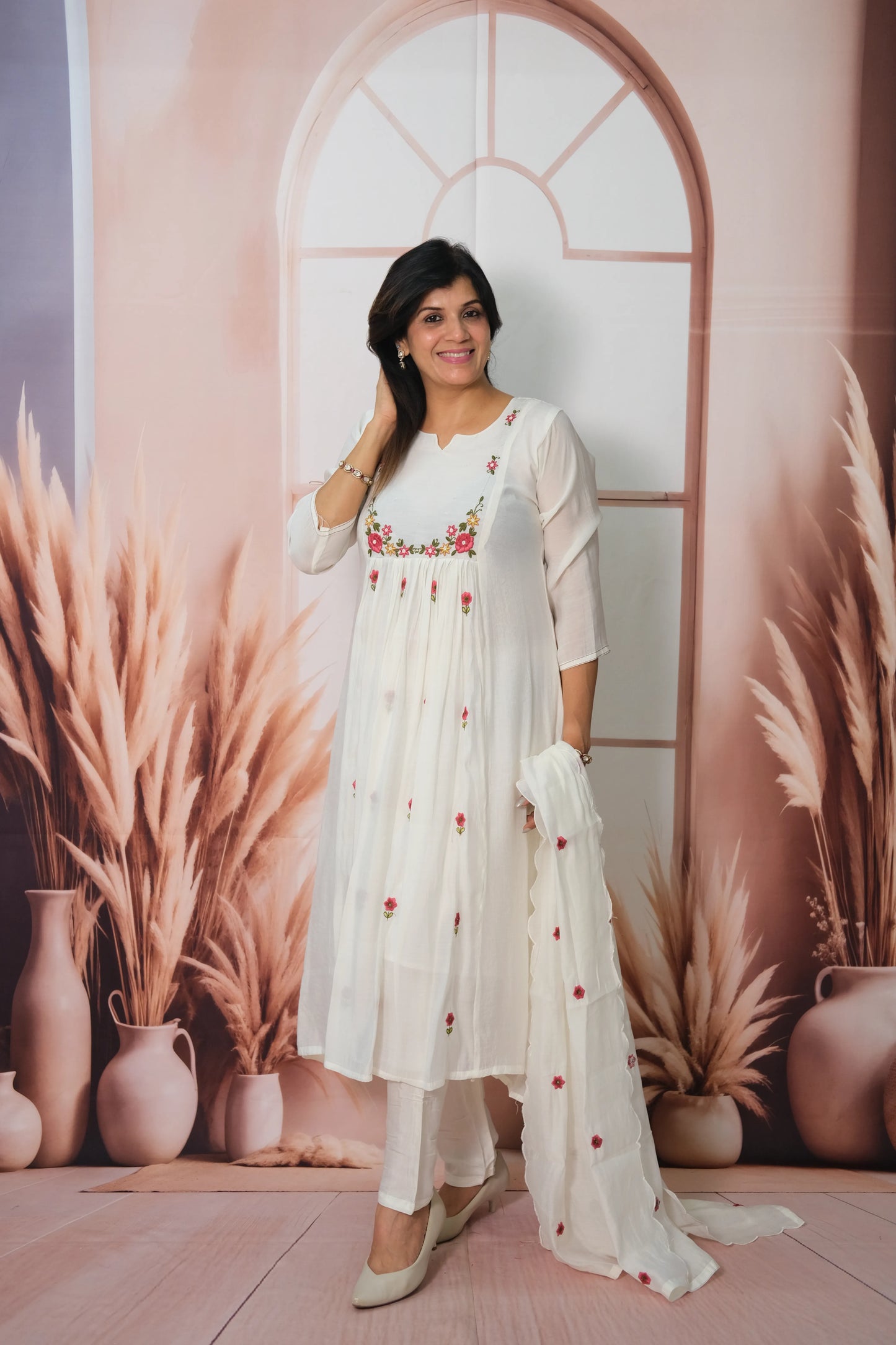 White Mul Chanderi A-Line Kurta Dupatta Set with Pearl Work & Embroidery
